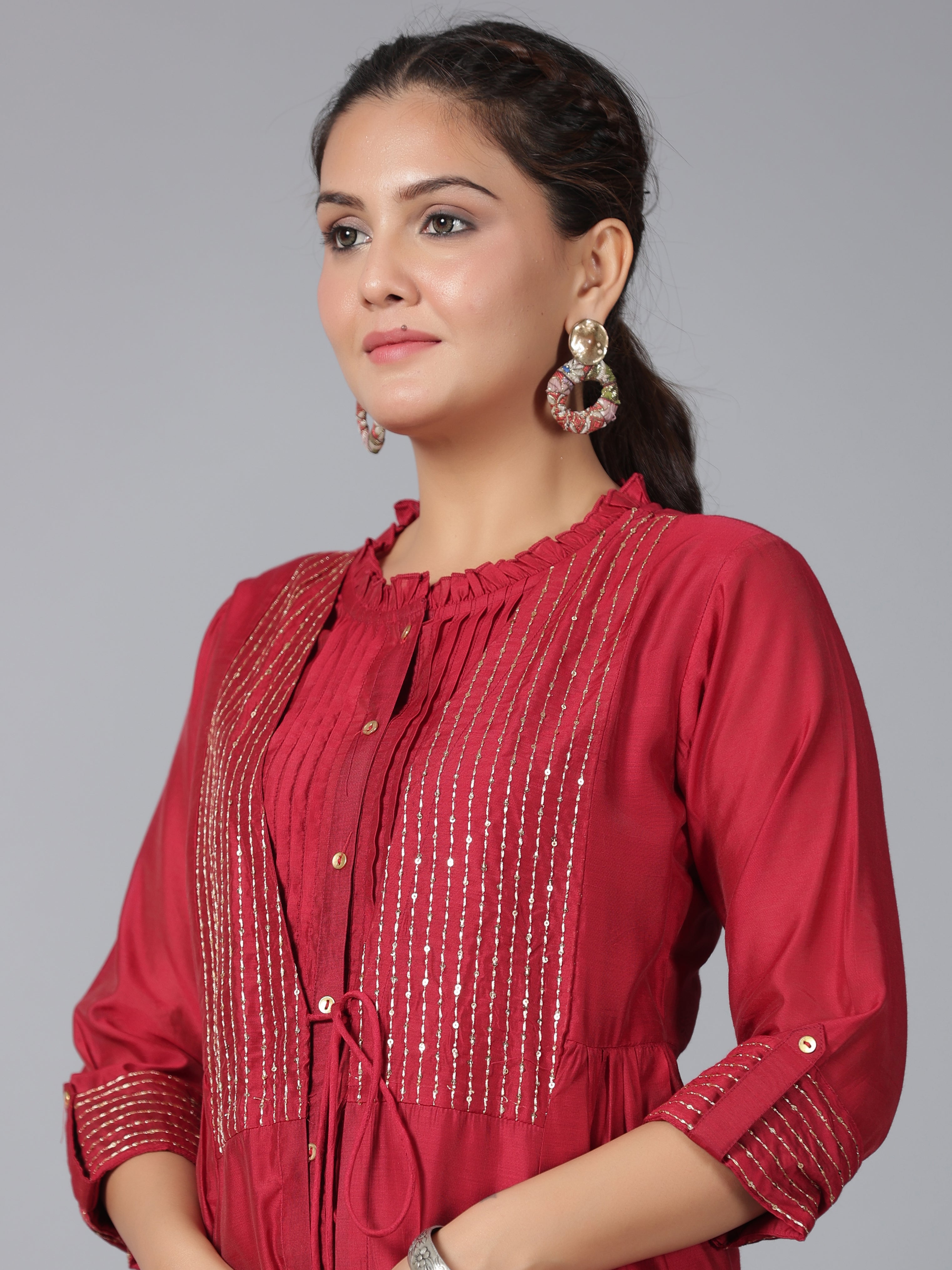Juniper Women Maroon Chanderi Embroidered Jacket Style Kurta Dress - Distacart