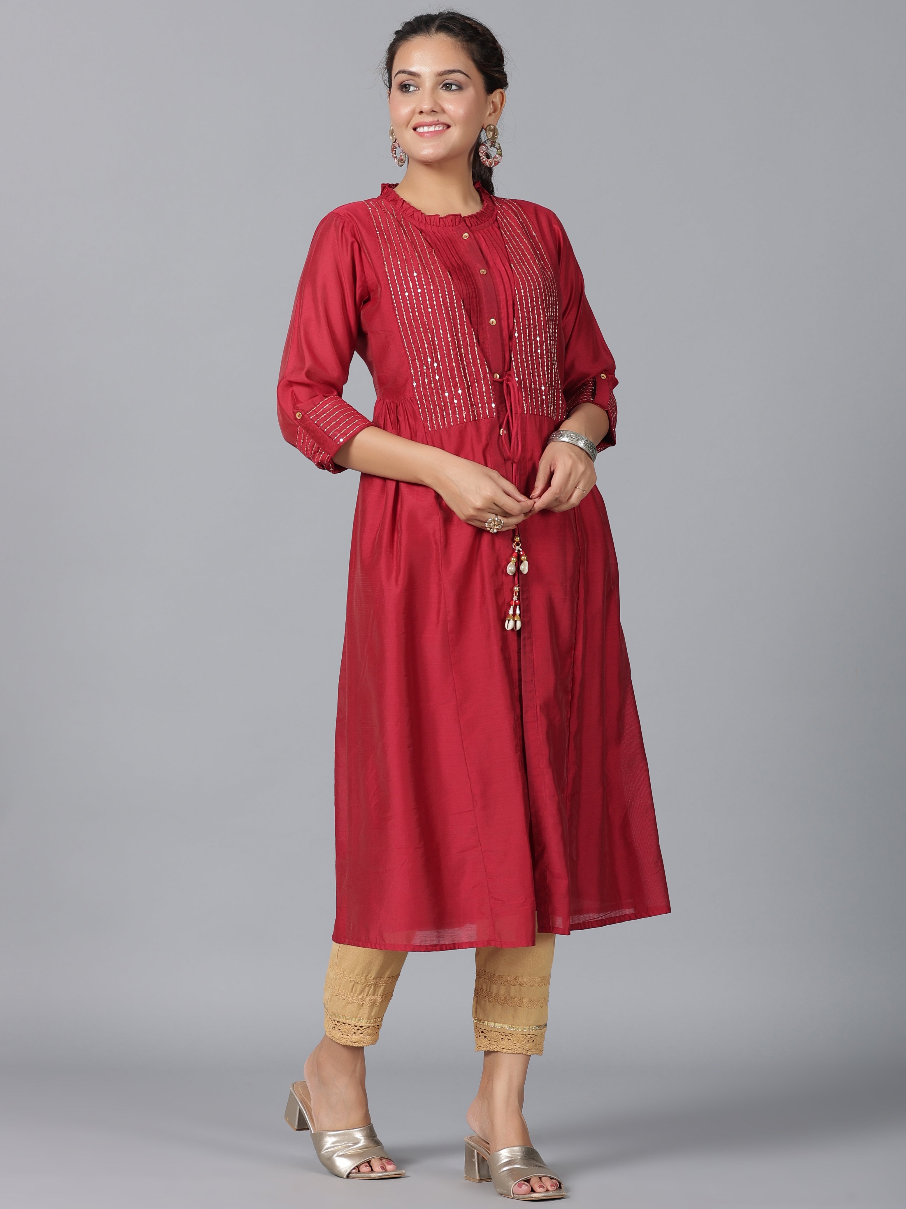 Juniper Women Maroon Chanderi Embroidered Jacket Style Kurta Dress - Distacart