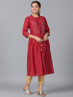Thumbnail for Juniper Women Maroon Chanderi Embroidered Jacket Style Kurta Dress - Distacart