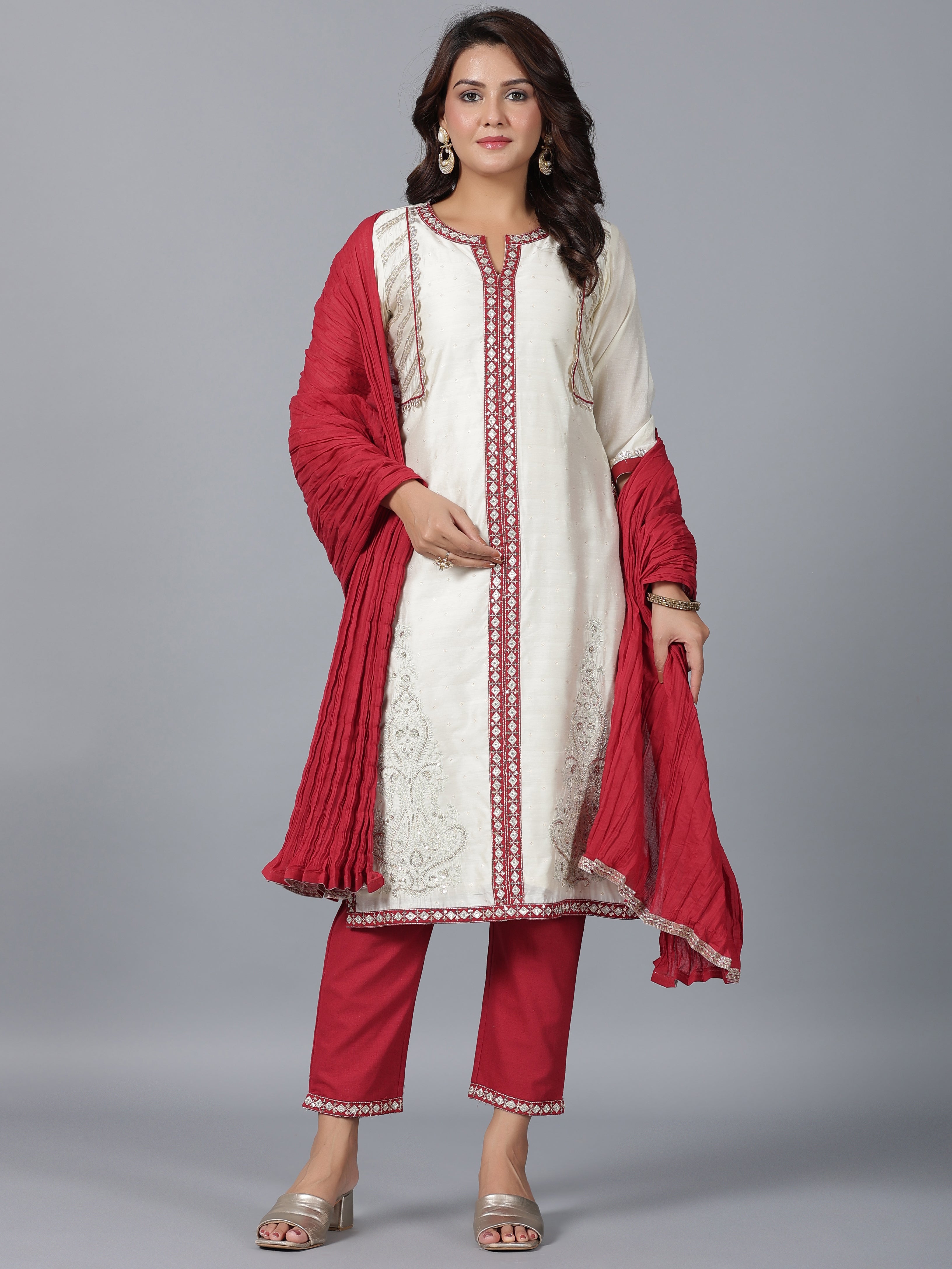 Juniper Women Ivory Chanderi Embroidered Kurta, Pants & Dupatta Set - Distacart