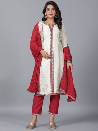 Juniper Women Ivory Chanderi Embroidered Kurta, Pants & Dupatta Set - Distacart