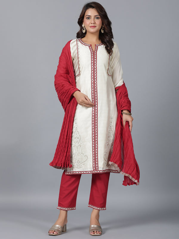 Juniper Women Ivory Chanderi Embroidered Kurta, Pants & Dupatta Set - Distacart