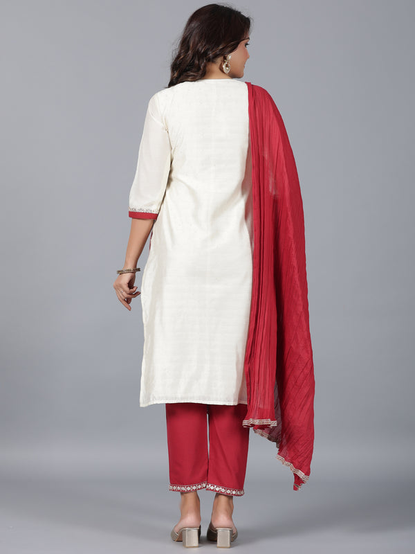 Juniper Women Ivory Chanderi Embroidered Kurta, Pants & Dupatta Set - Distacart