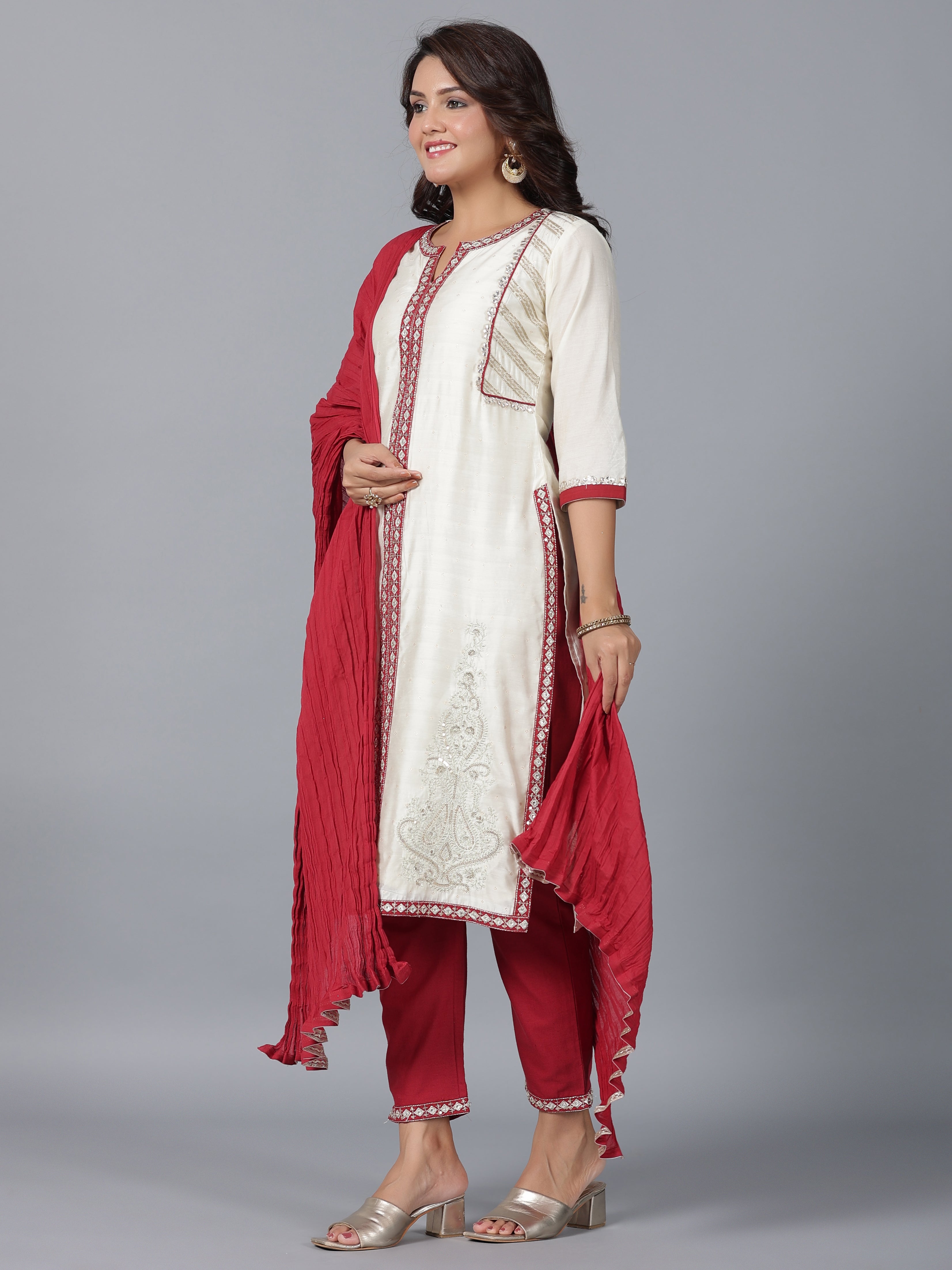 Juniper Women Ivory Chanderi Embroidered Kurta, Pants & Dupatta Set - Distacart
