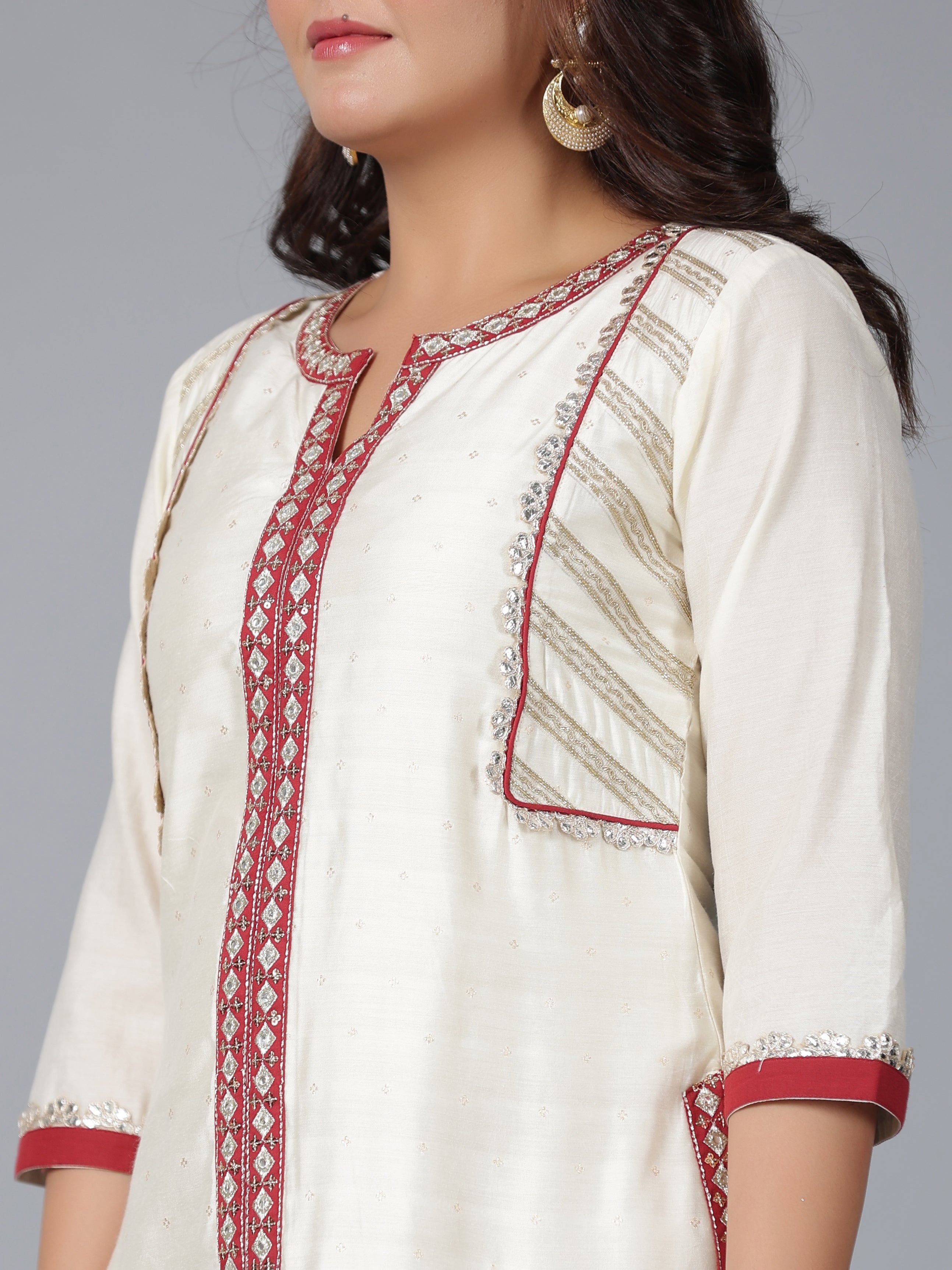 Juniper Women Ivory Chanderi Embroidered Kurta, Pants & Dupatta Set - Distacart
