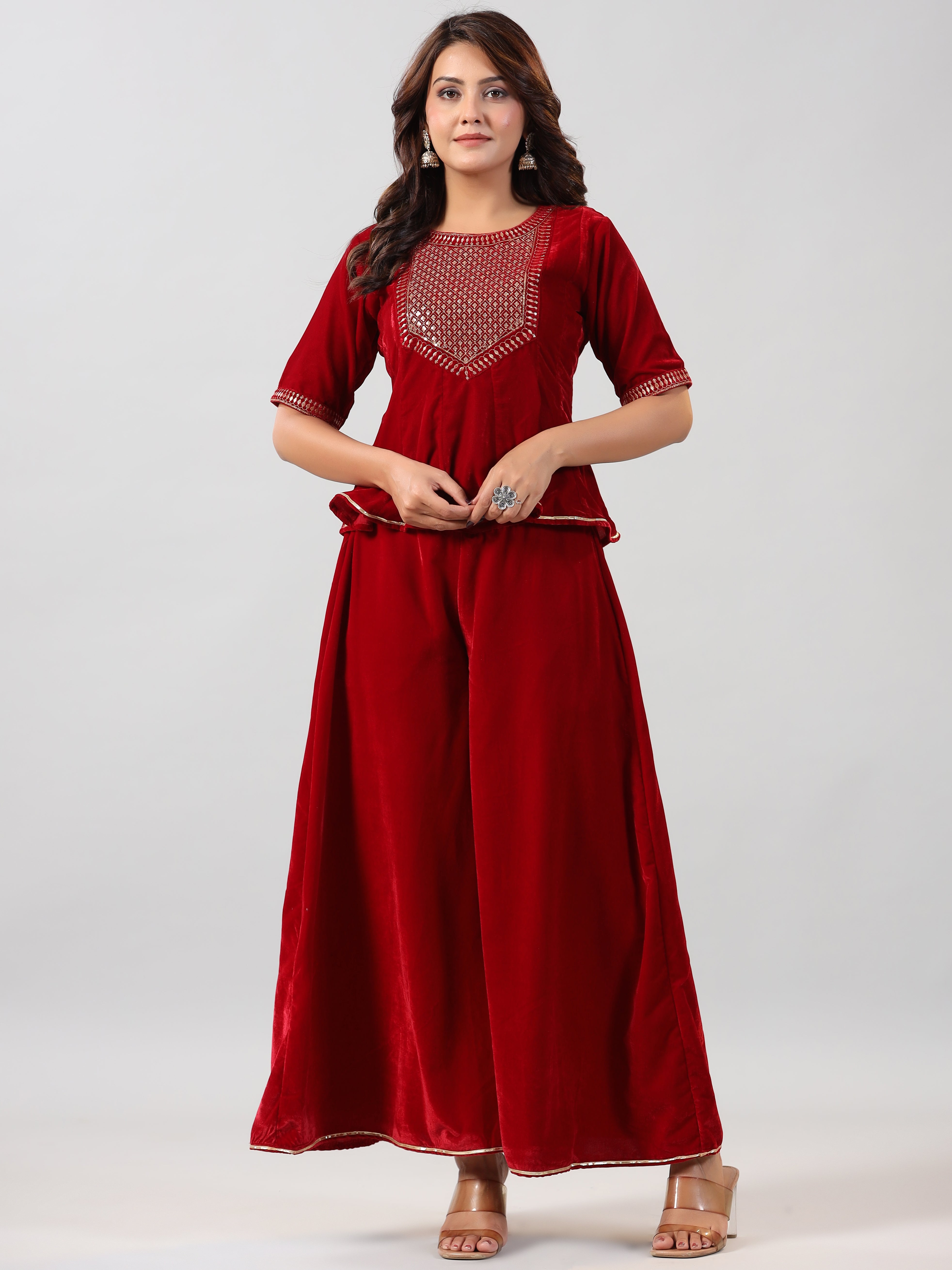 Juniper Women Maroon Velvet Embroidered Clothing Set - Distacart
