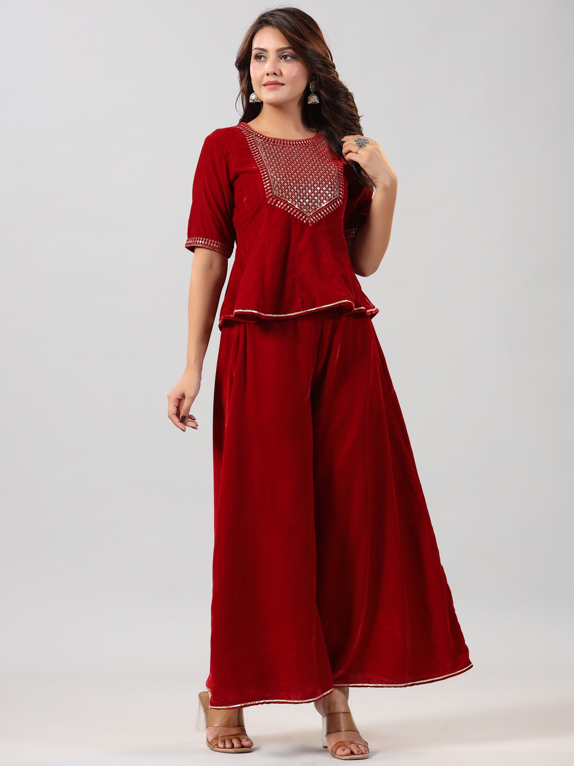 Juniper Women Maroon Velvet Embroidered Clothing Set - Distacart