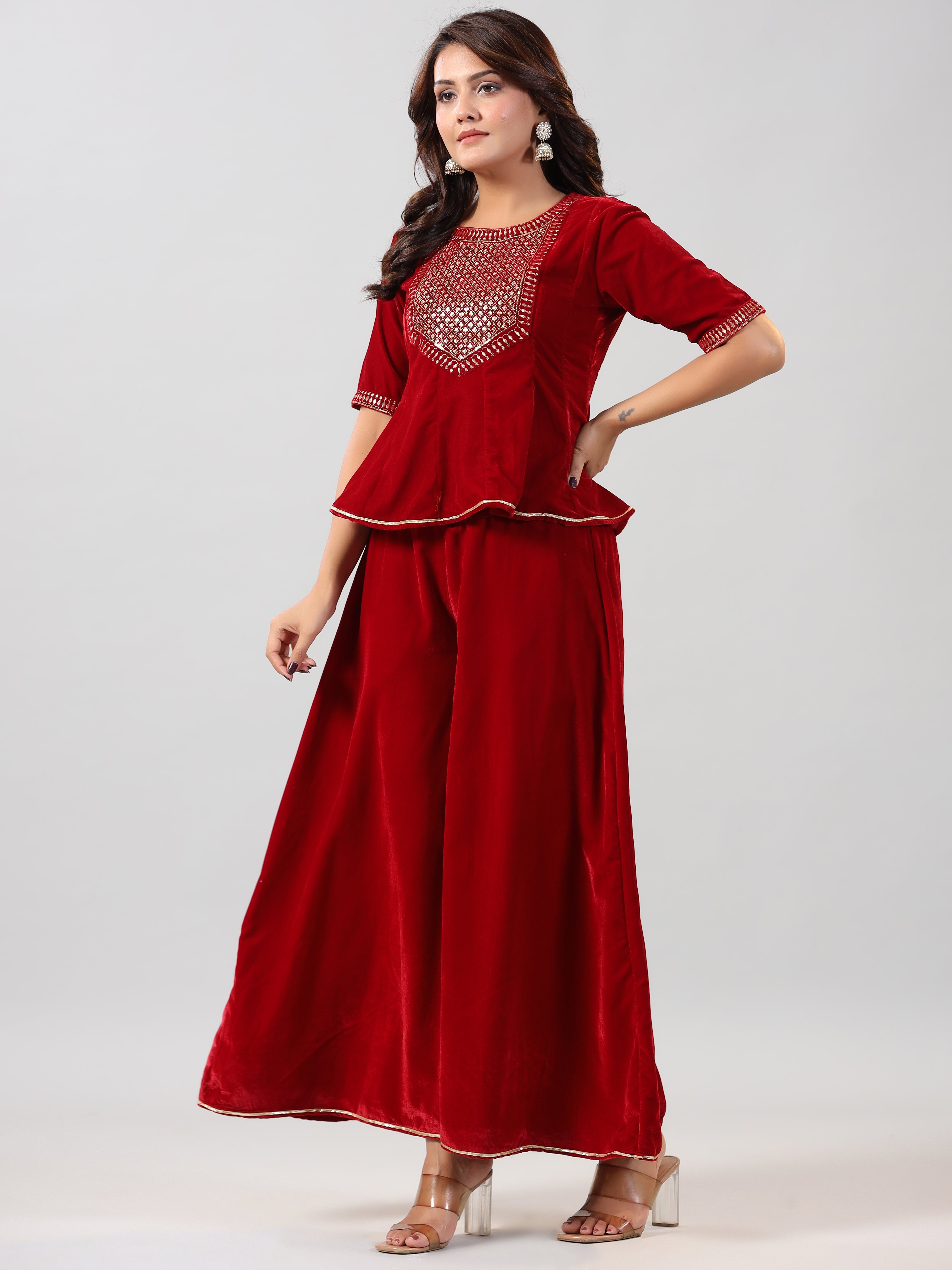Juniper Women Maroon Velvet Embroidered Clothing Set - Distacart