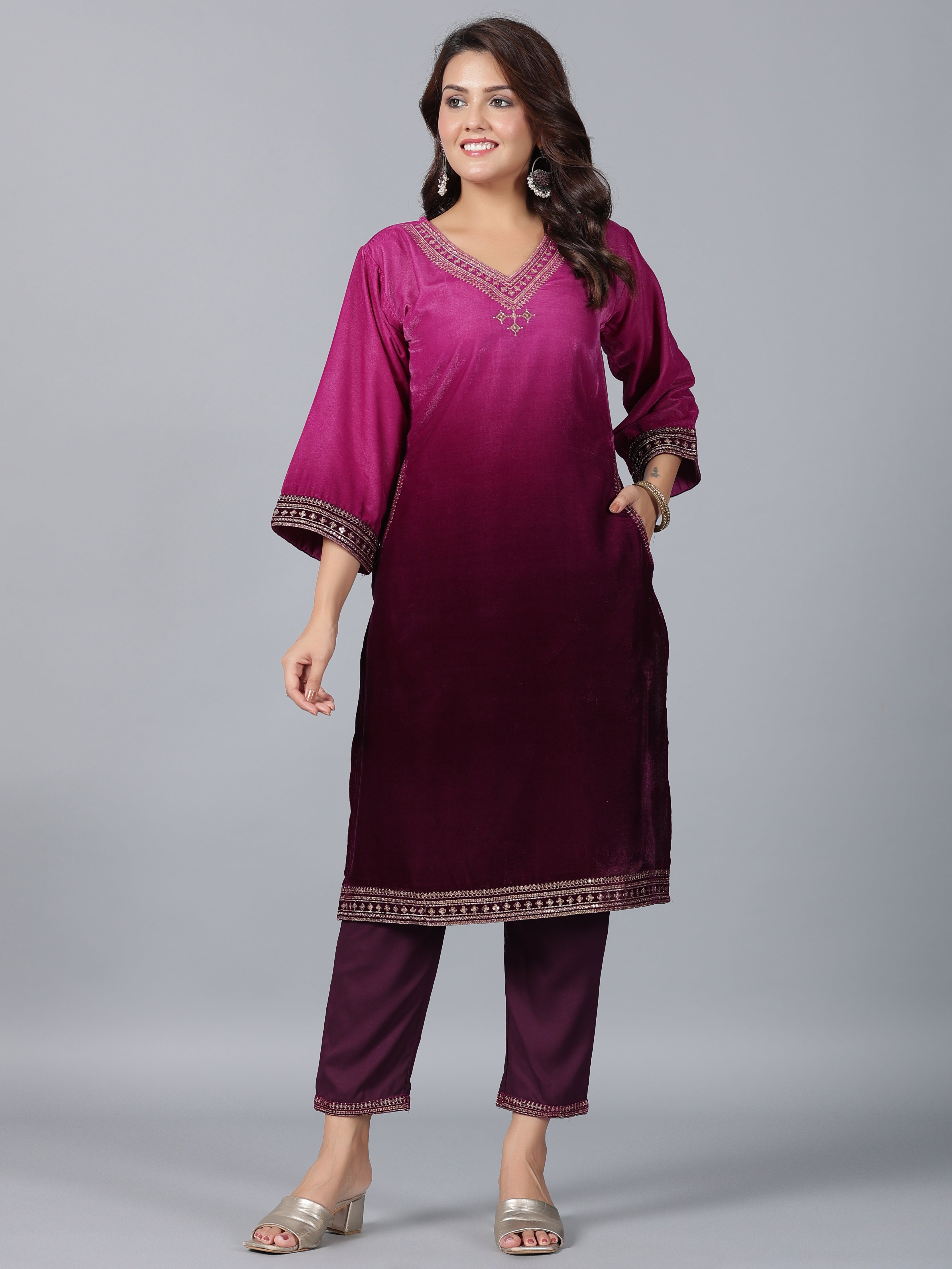 Juniper Women Purple Velvet Embroidered Kurta & Pants Set - Distacart