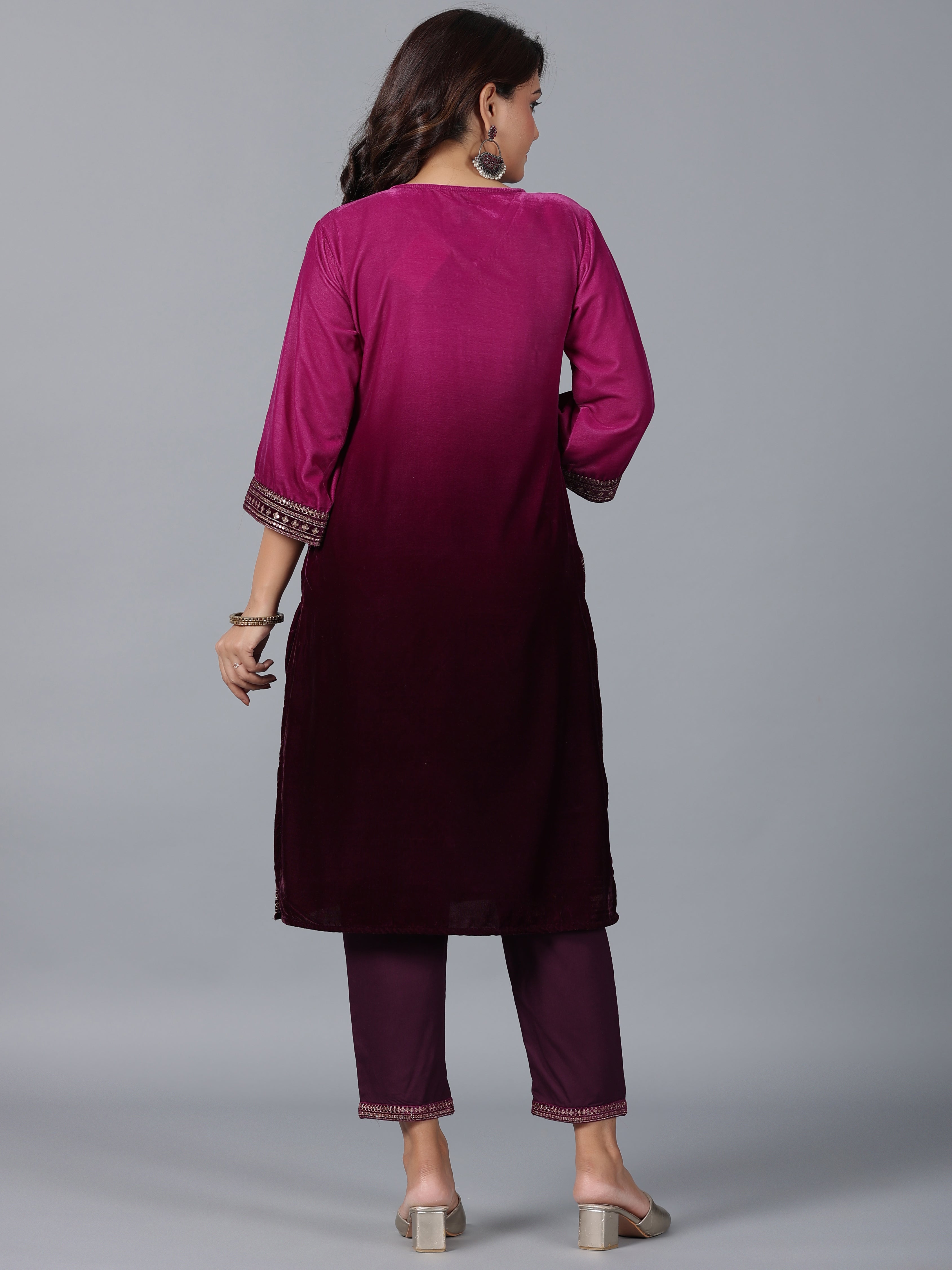 Juniper Women Purple Velvet Embroidered Kurta & Pants Set - Distacart