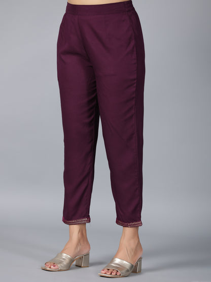 Juniper Women Purple Velvet Embroidered Kurta & Pants Set - Distacart