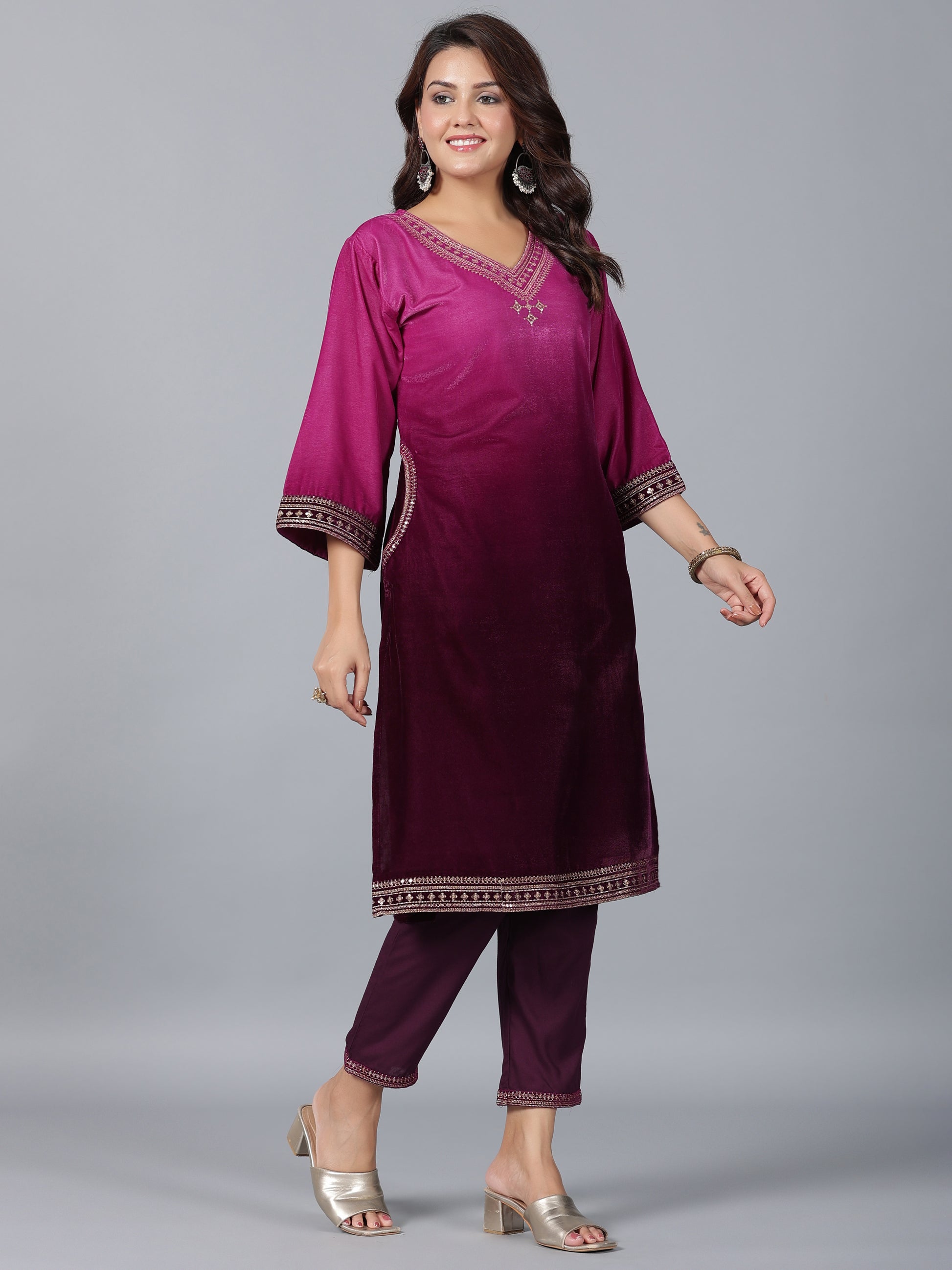Juniper Women Purple Velvet Embroidered Kurta & Pants Set - Distacart