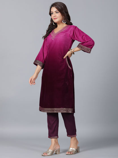 Juniper Women Purple Velvet Embroidered Kurta & Pants Set - Distacart
