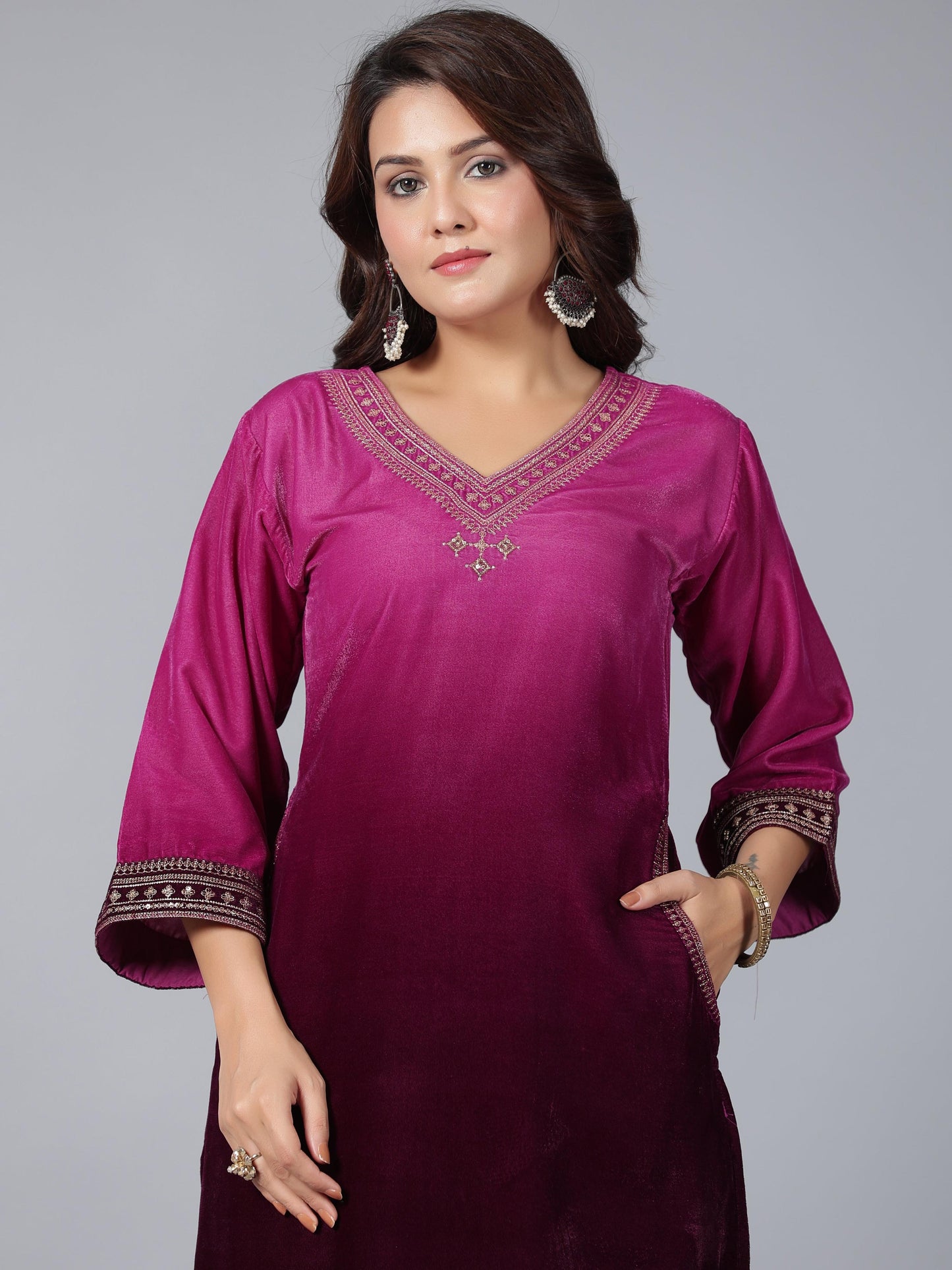 Juniper Women Purple Velvet Embroidered Kurta & Pants Set - Distacart