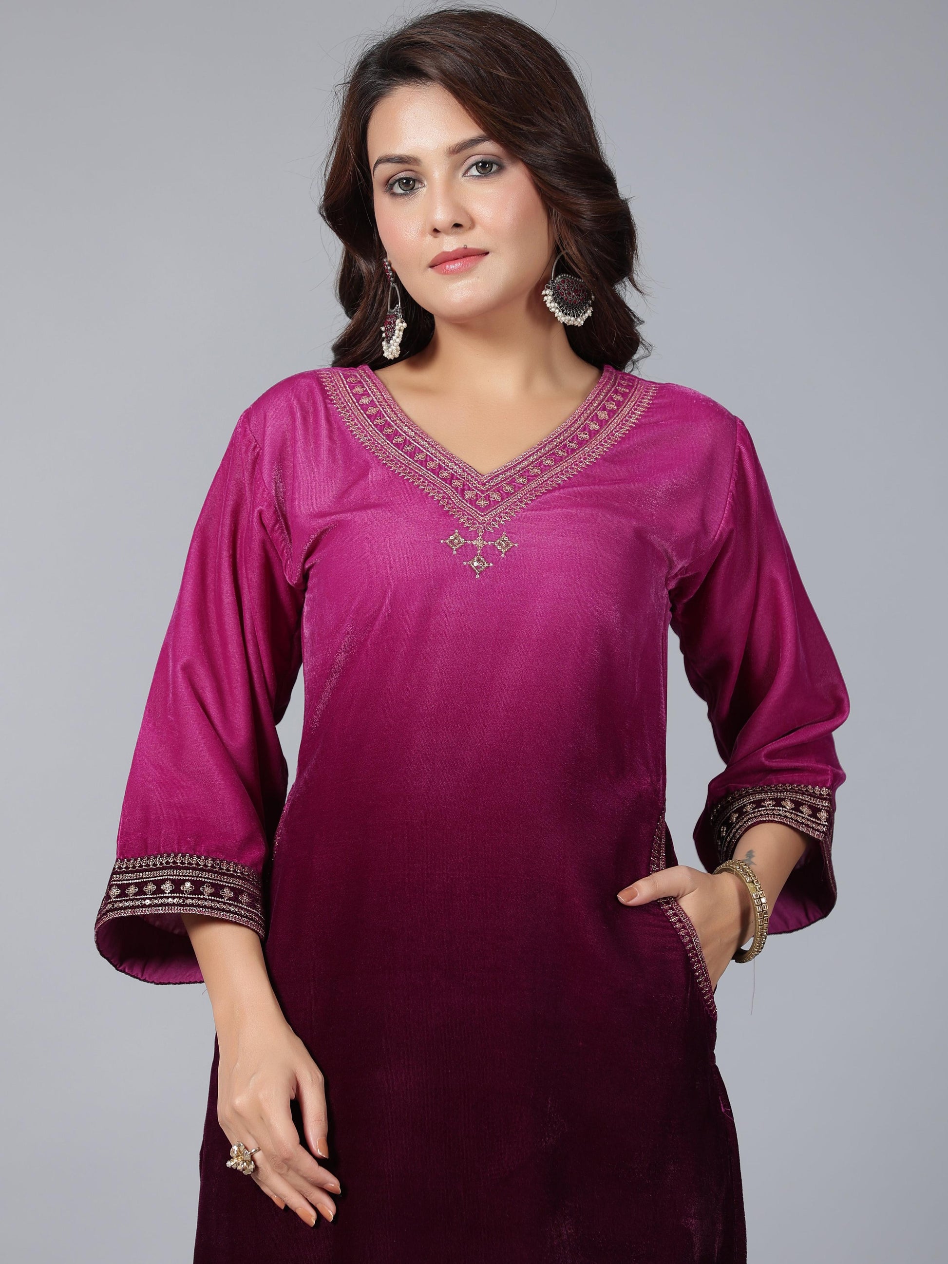 Juniper Women Purple Velvet Embroidered Kurta & Pants Set - Distacart