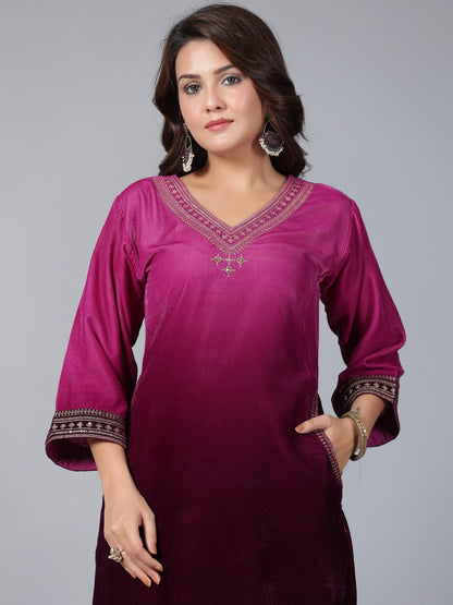 Juniper Women Purple Velvet Embroidered Kurta & Pants Set - Distacart