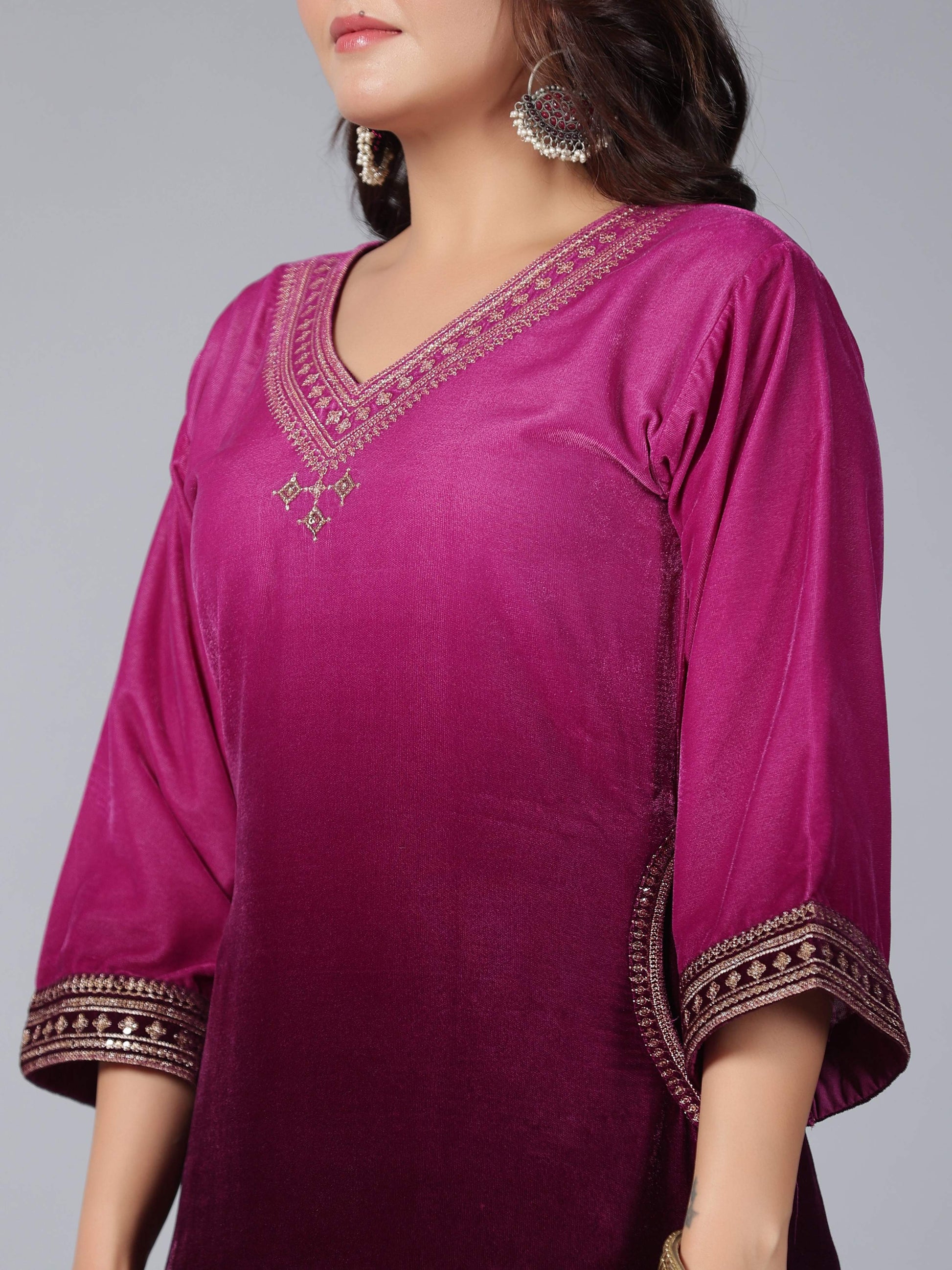 Juniper Women Purple Velvet Embroidered Kurta & Pants Set - Distacart