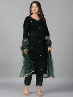 Thumbnail for Juniper Women Bottlegreen Velvet Embroidered Kurta, Pants & Dupatta Set - Distacart