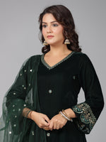 Thumbnail for Juniper Women Bottlegreen Velvet Embroidered Kurta, Pants & Dupatta Set - Distacart