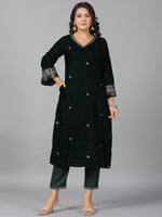 Thumbnail for Juniper Women Bottlegreen Velvet Embroidered Kurta, Pants & Dupatta Set - Distacart