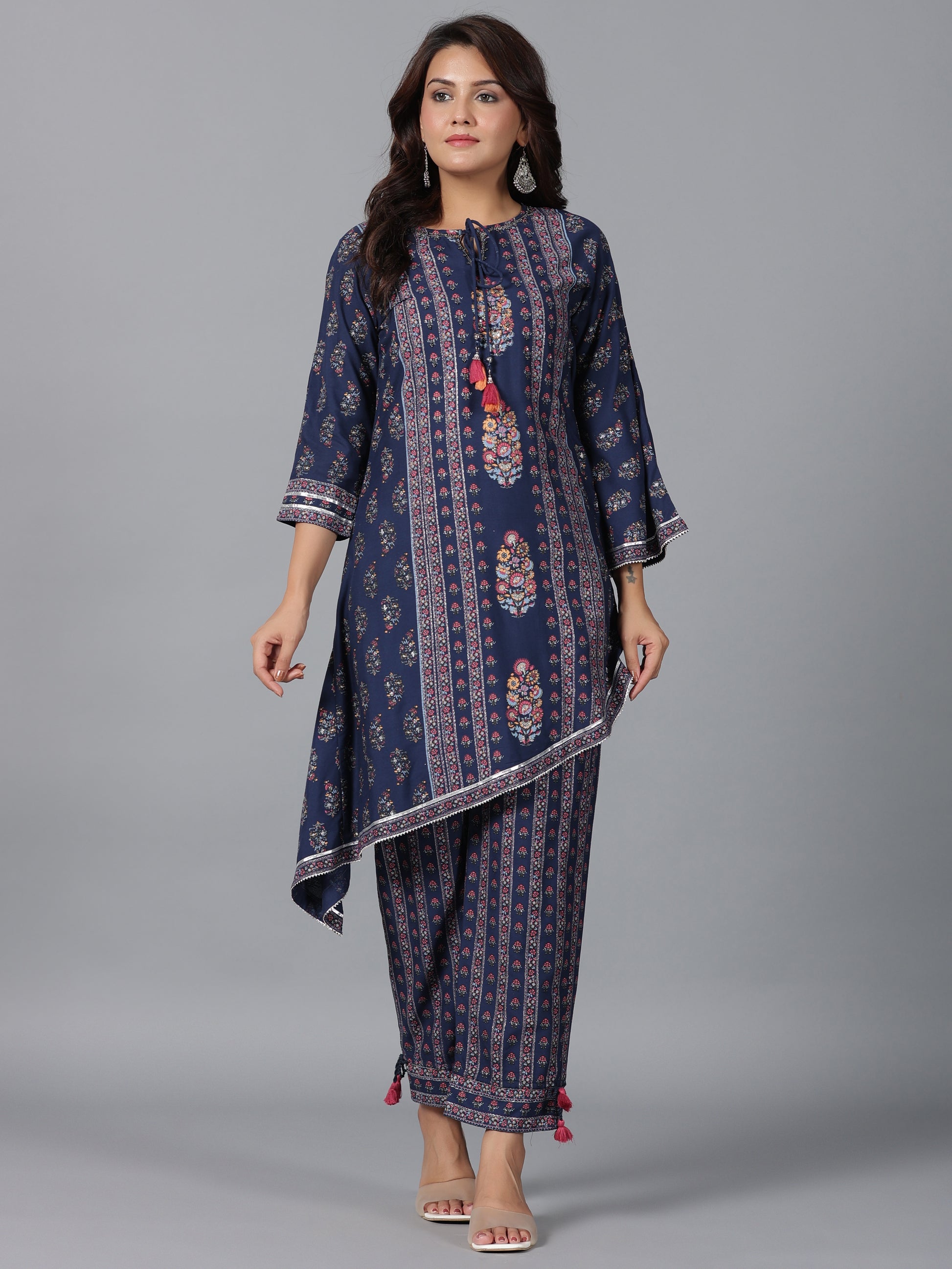 Juniper Women Navy Blue Rayon Printed Kurta Pant Set - Distacart
