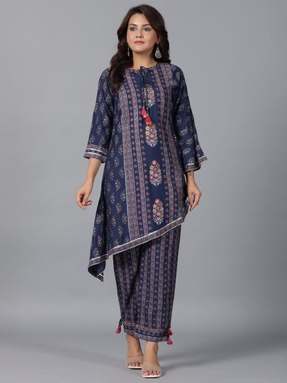Juniper Women Navy Blue Rayon Printed Kurta Pant Set - Distacart
