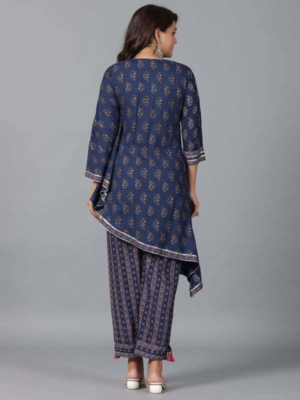 Juniper Women Navy Blue Rayon Printed Kurta Pant Set - Distacart