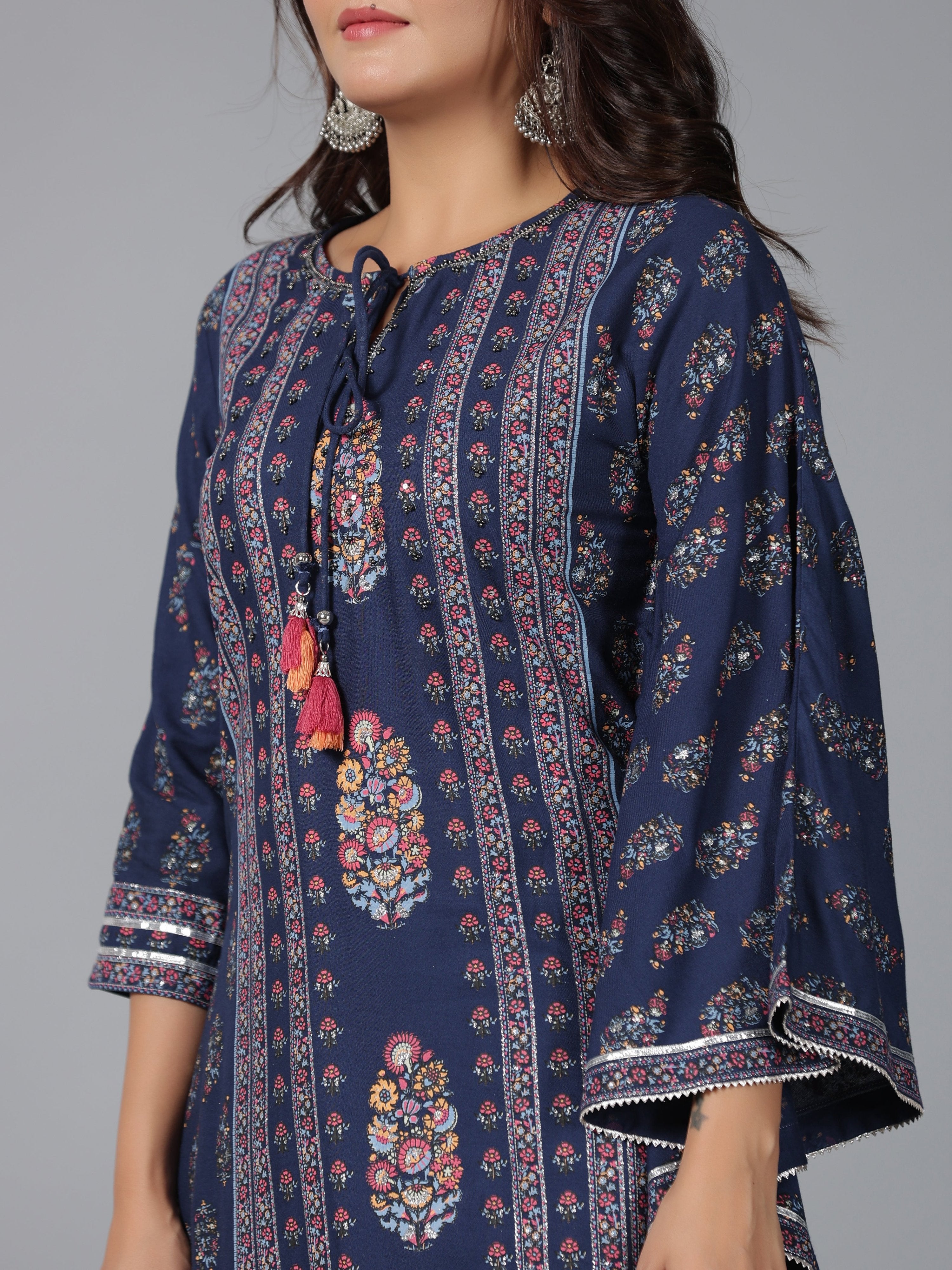 Juniper Women Navy Blue Rayon Printed Kurta Pant Set - Distacart