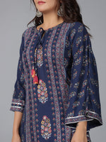 Thumbnail for Juniper Women Navy Blue Rayon Printed Kurta Pant Set - Distacart