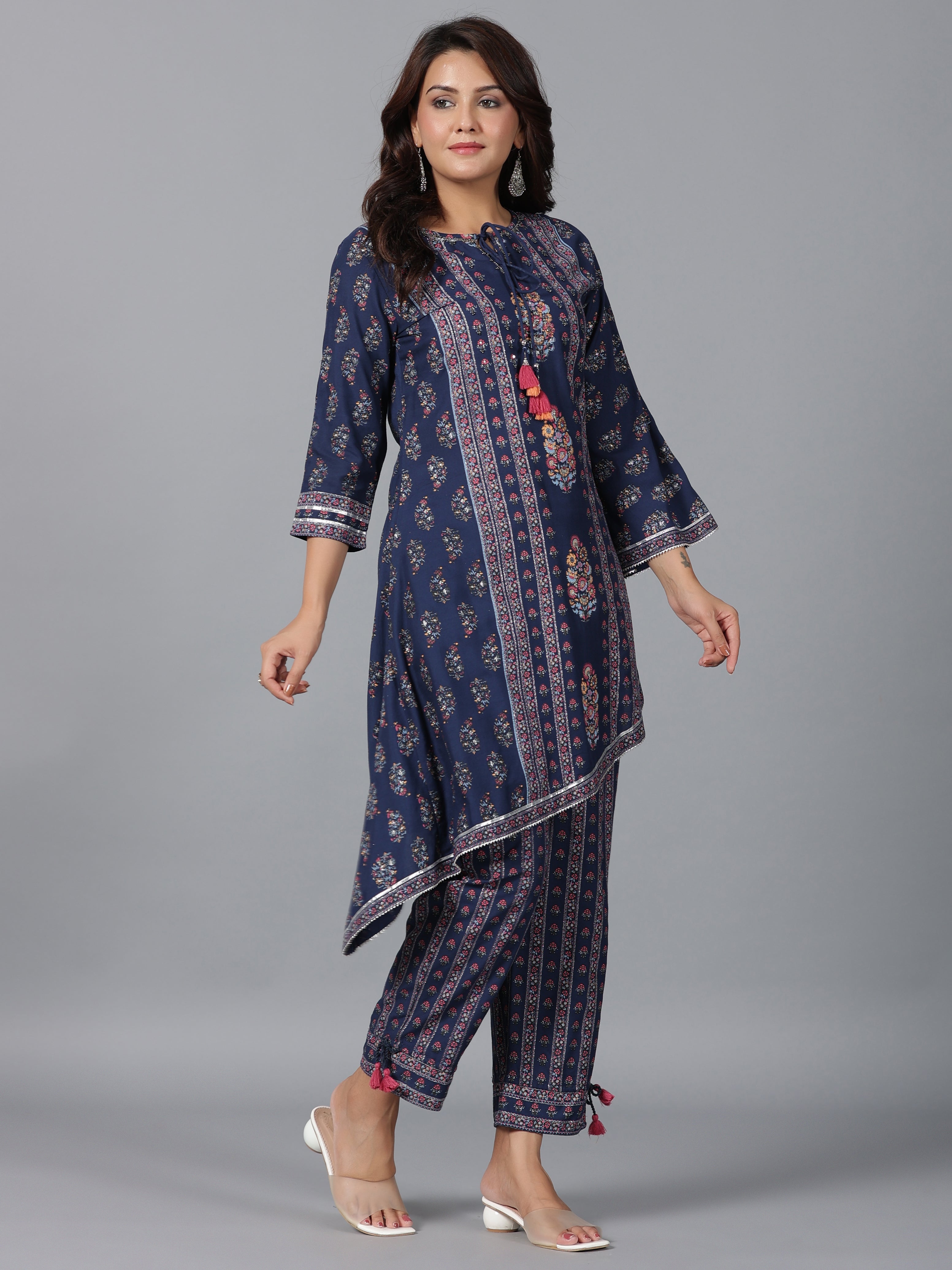 Juniper Women Navy Blue Rayon Printed Kurta Pant Set - Distacart