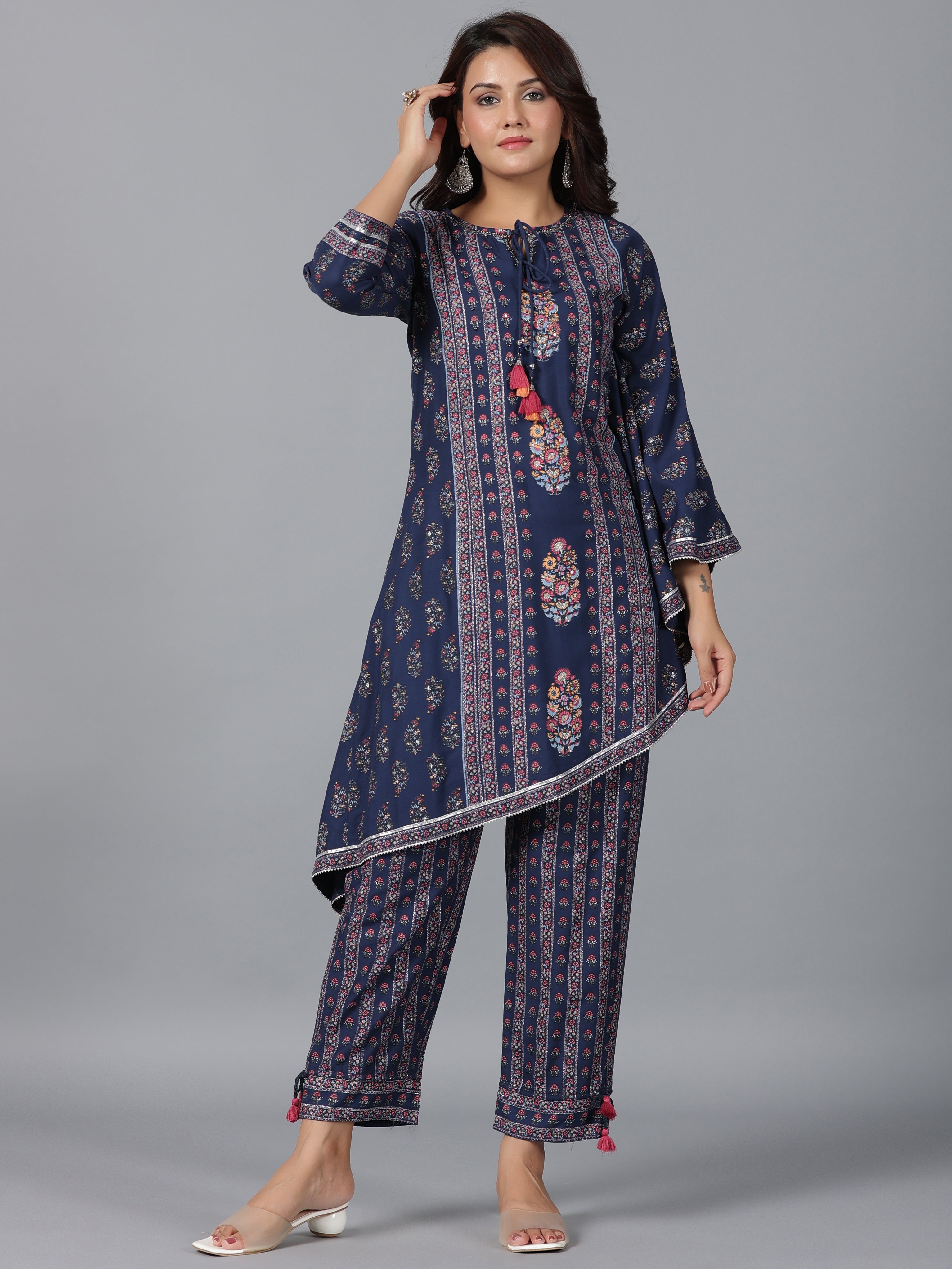 Juniper Women Navy Blue Rayon Printed Kurta Pant Set - Distacart