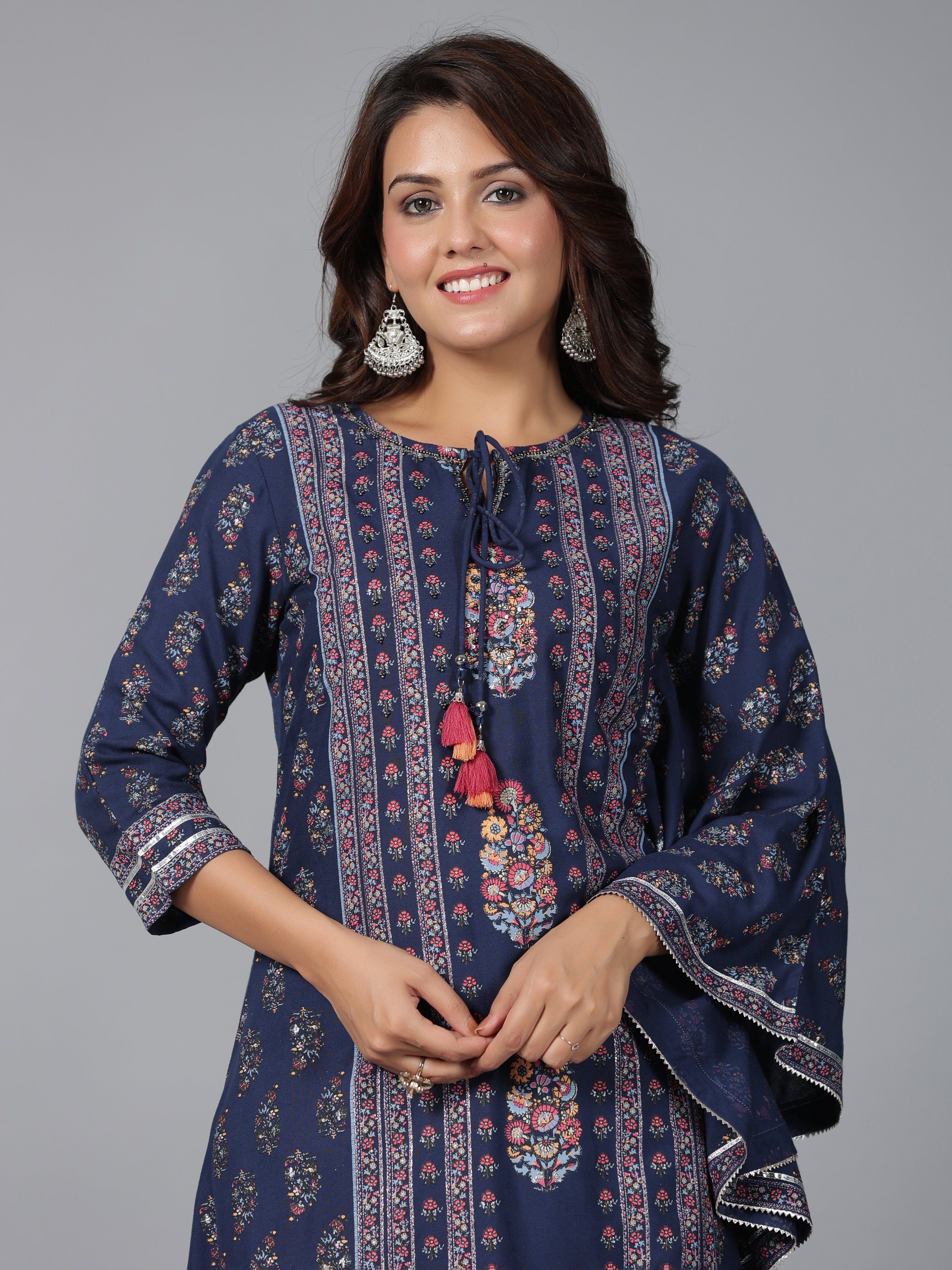 Juniper Women Navy Blue Rayon Printed Kurta Pant Set - Distacart
