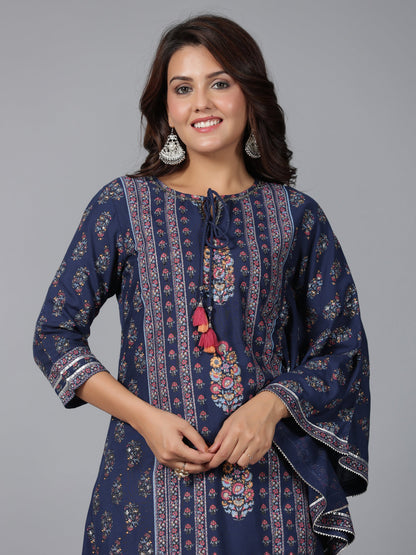 Juniper Women Navy Blue Rayon Printed Kurta Pant Set - Distacart