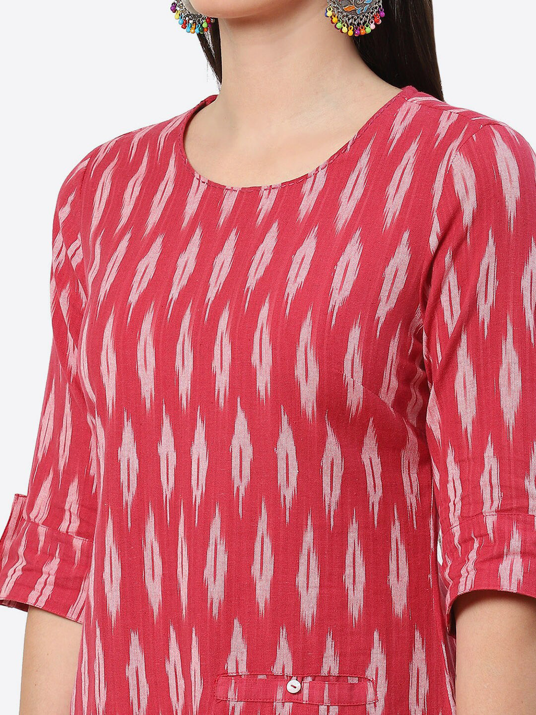 Biba Woven Design Ikat Roll Up Sleeves A-Line Pure Cotton Kurta - Distacart