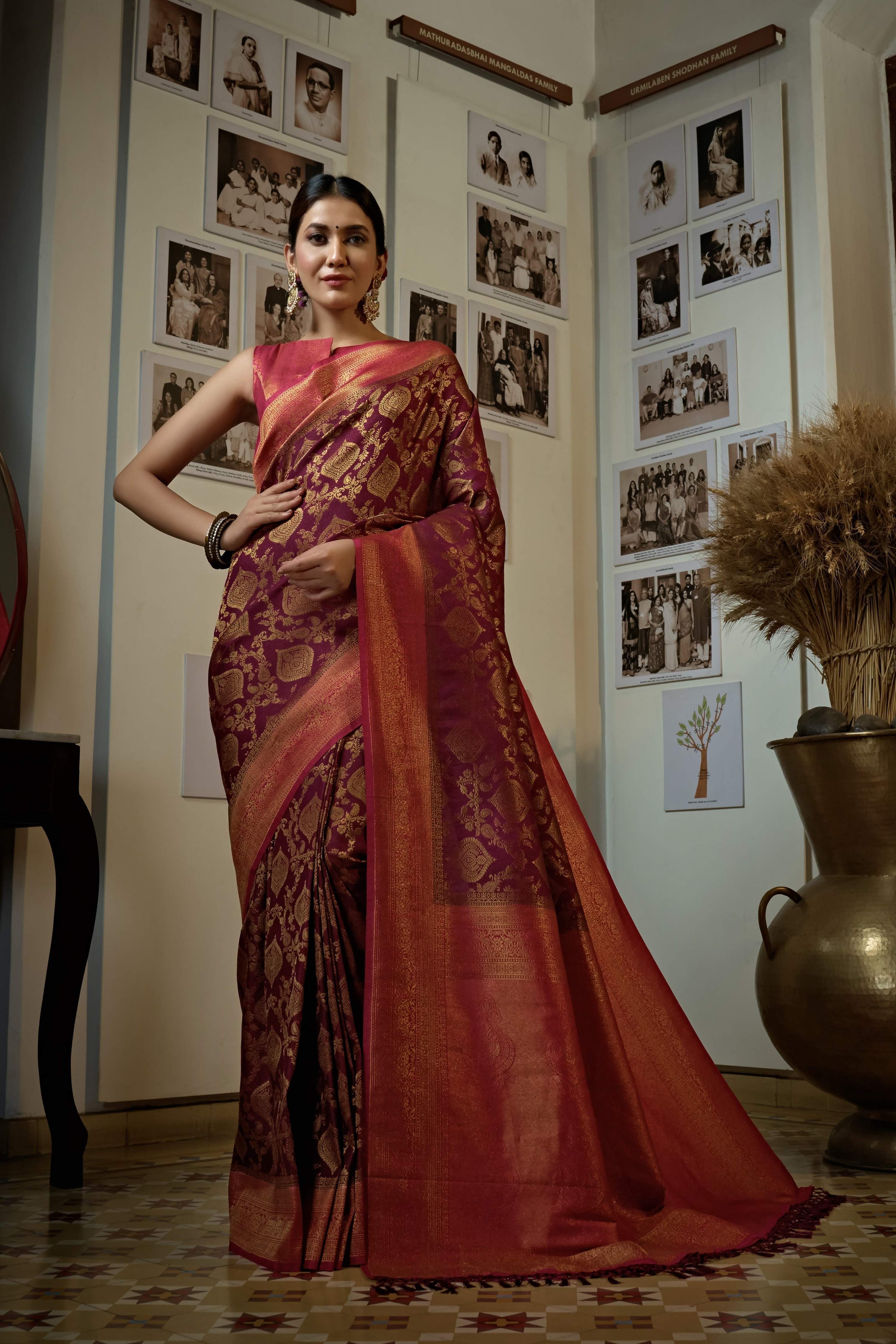 Vardha Myrtle Wine Golden Zari Kanjeevaram Silk Saree