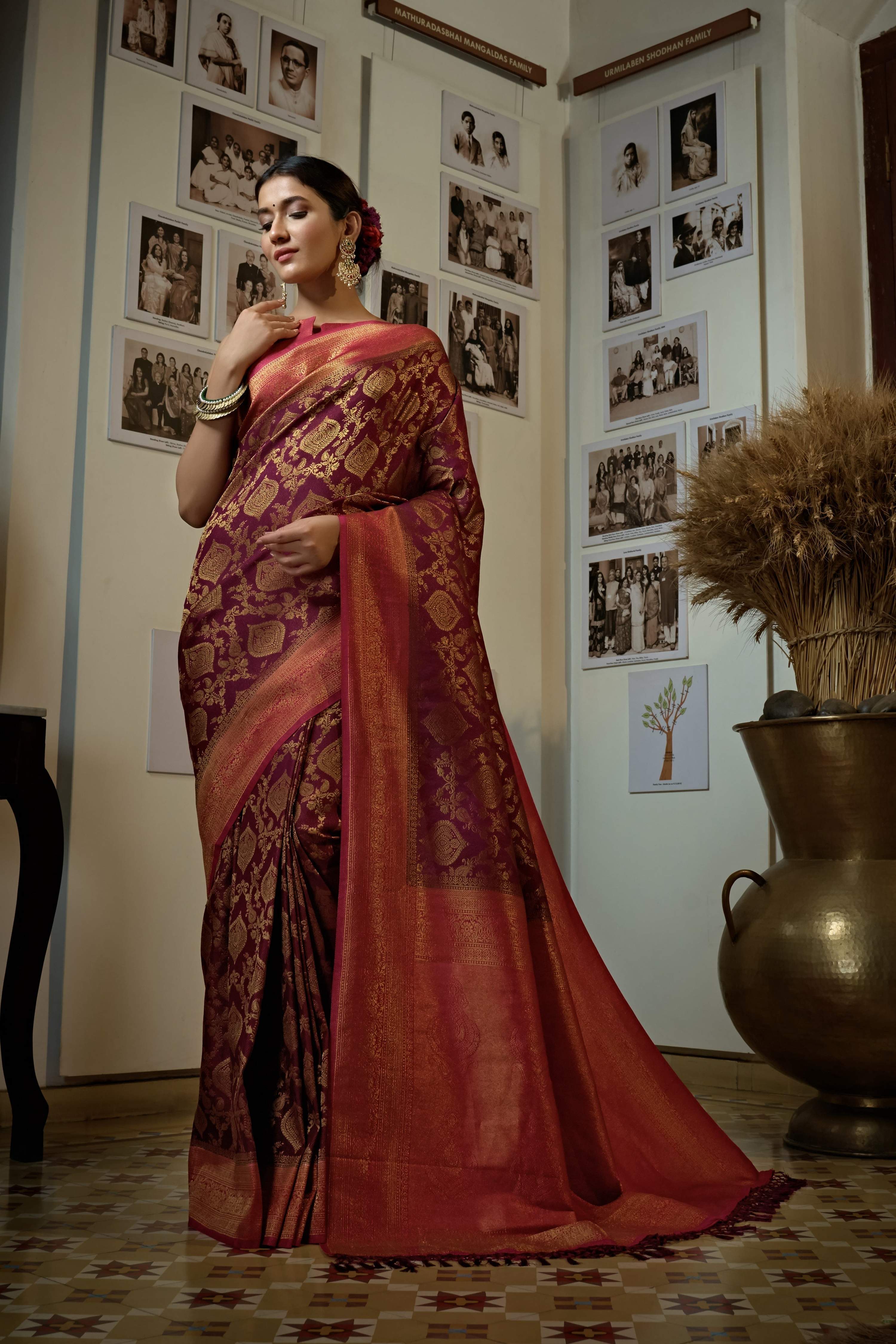 Vardha Myrtle Wine Golden Zari Kanjeevaram Silk Saree