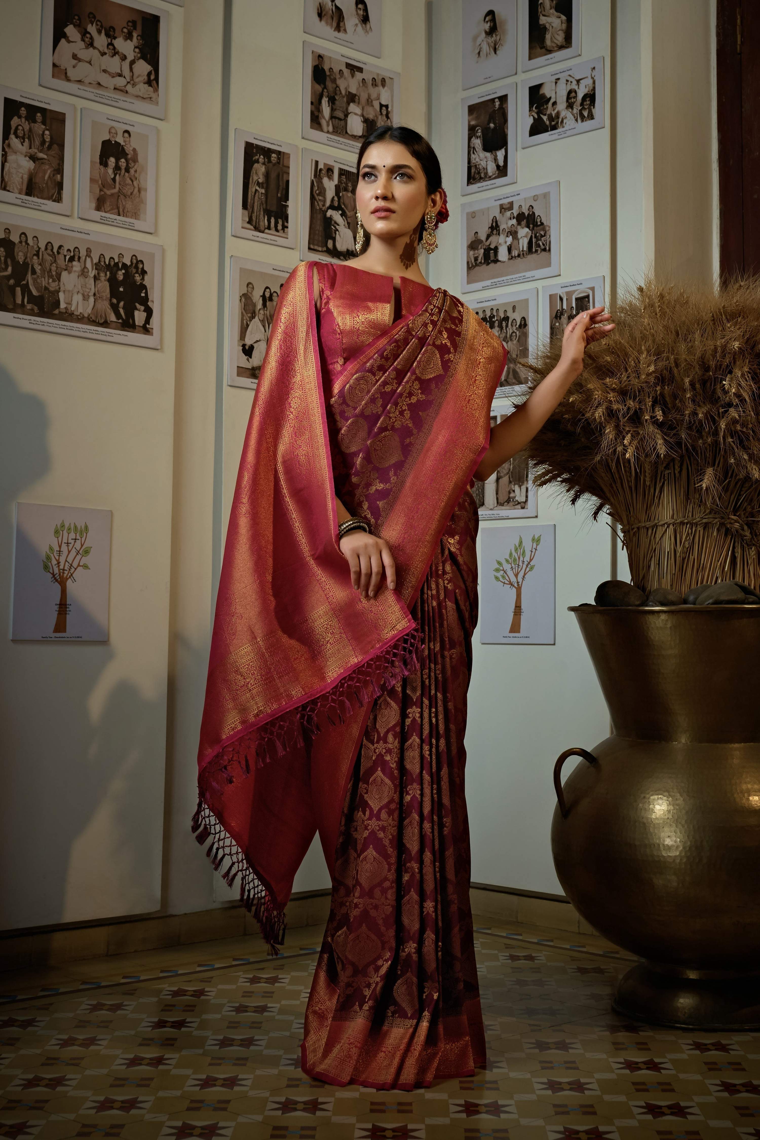 Vardha Myrtle Wine Golden Zari Kanjeevaram Silk Saree
