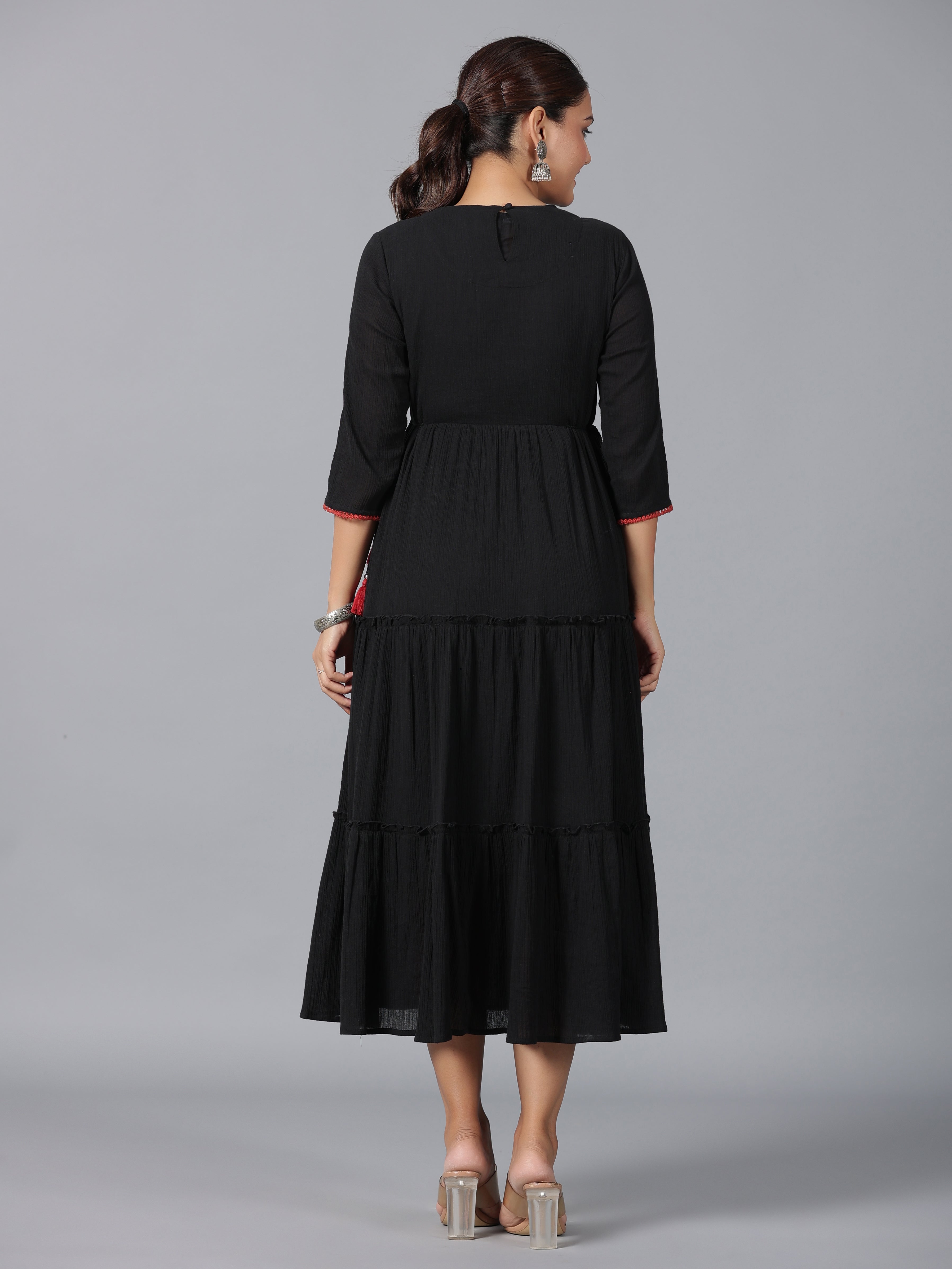 Juniper Women Black Cotton Crepe Embroidered Tiered Maxi Dress - Distacart