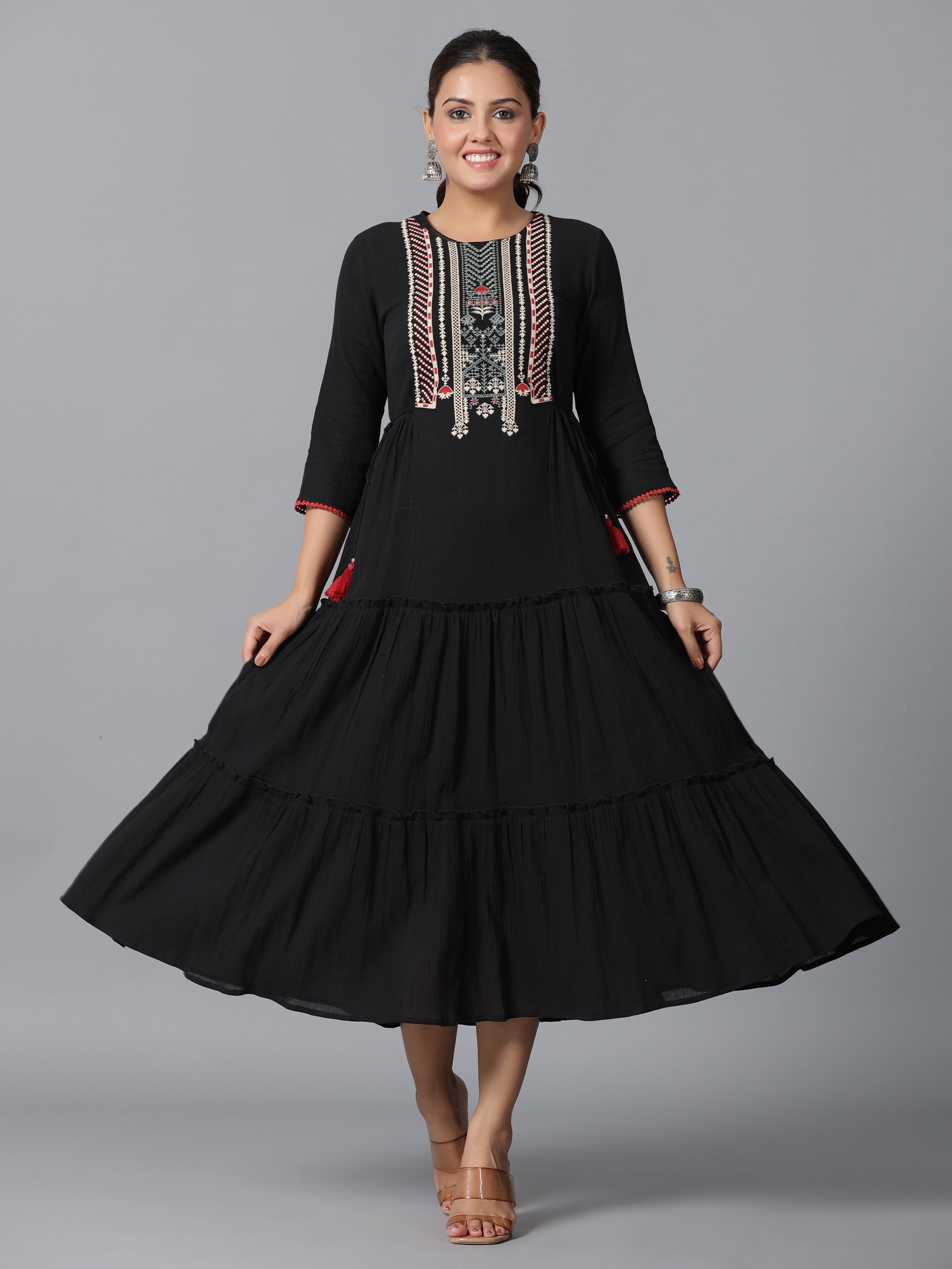 Juniper Women Black Cotton Crepe Embroidered Tiered Maxi Dress - Distacart