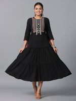 Thumbnail for Juniper Women Black Cotton Crepe Embroidered Tiered Maxi Dress - Distacart