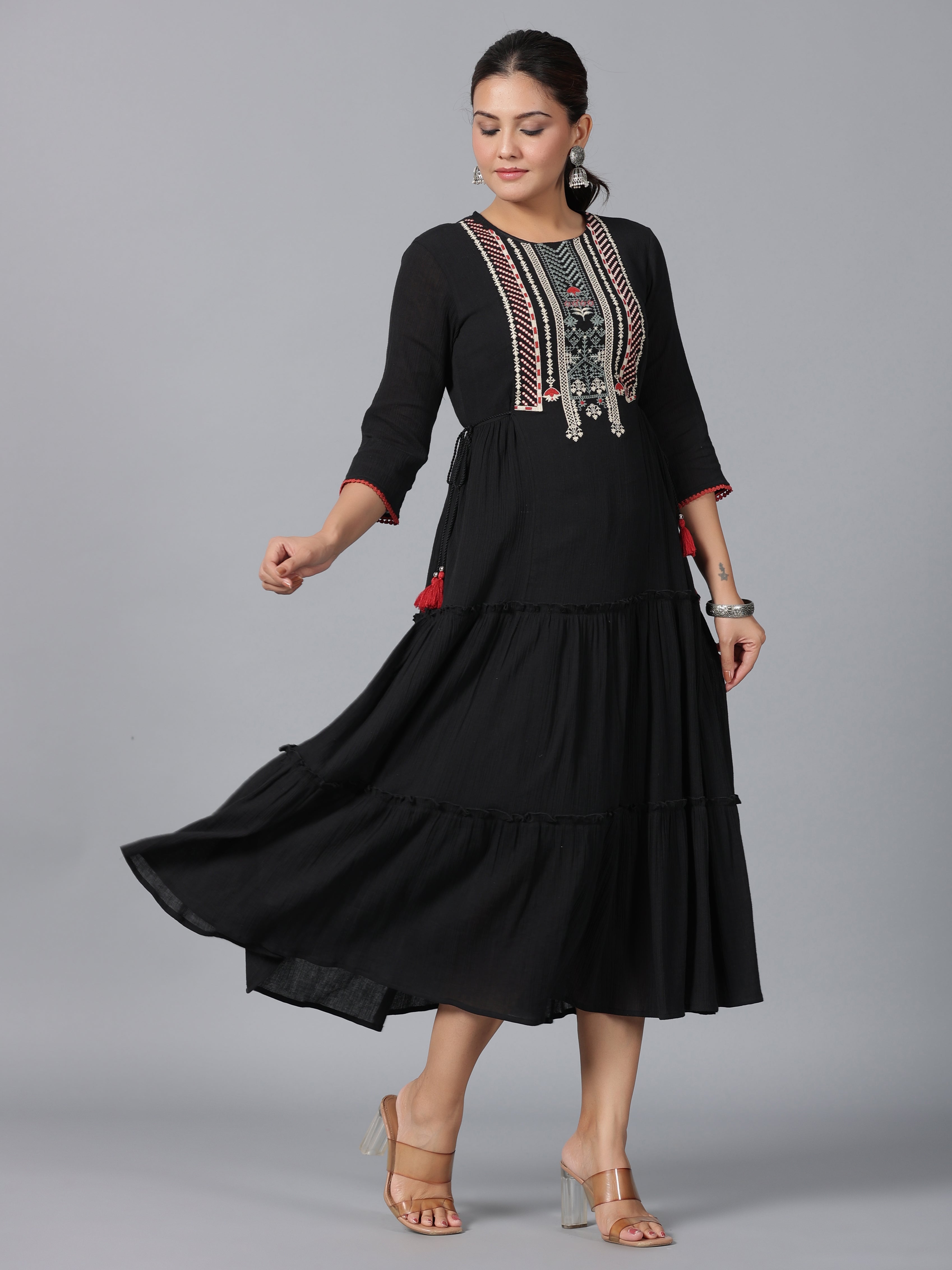 Juniper Women Black Cotton Crepe Embroidered Tiered Maxi Dress - Distacart