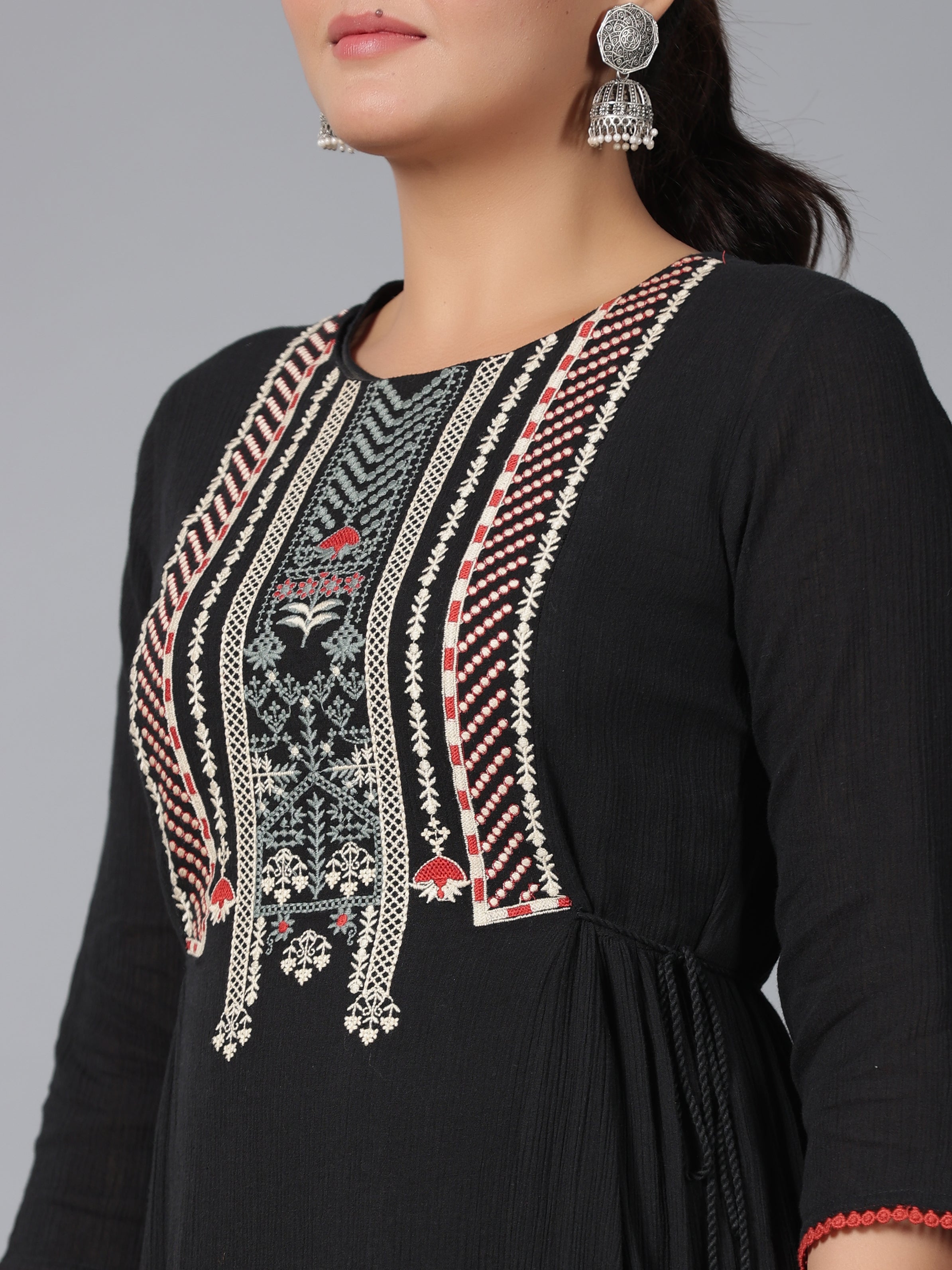 Juniper Women Black Cotton Crepe Embroidered Tiered Maxi Dress - Distacart