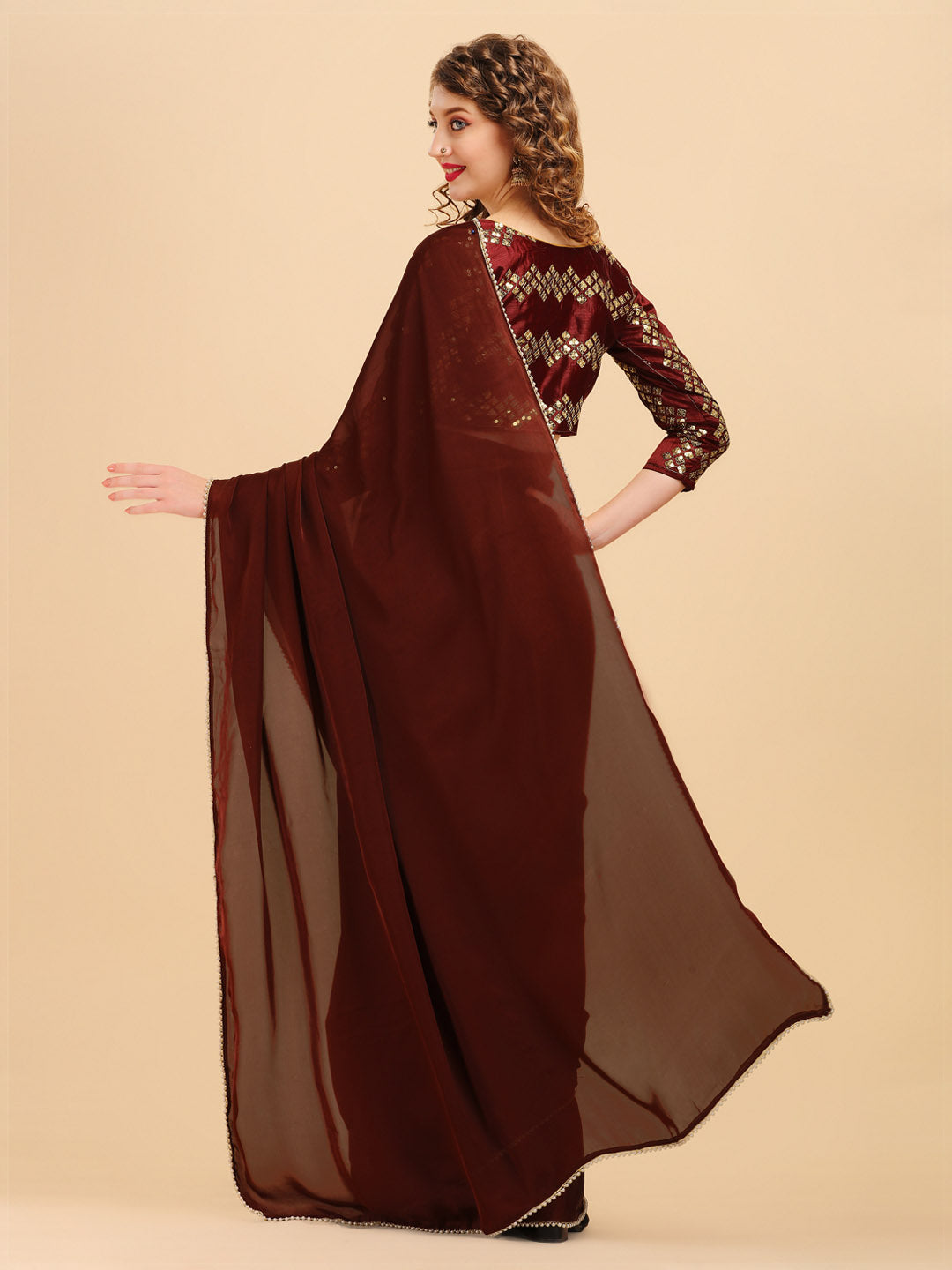 Sangria Coffee Brown & Golden Embroidered Satin Saree - Distacart
