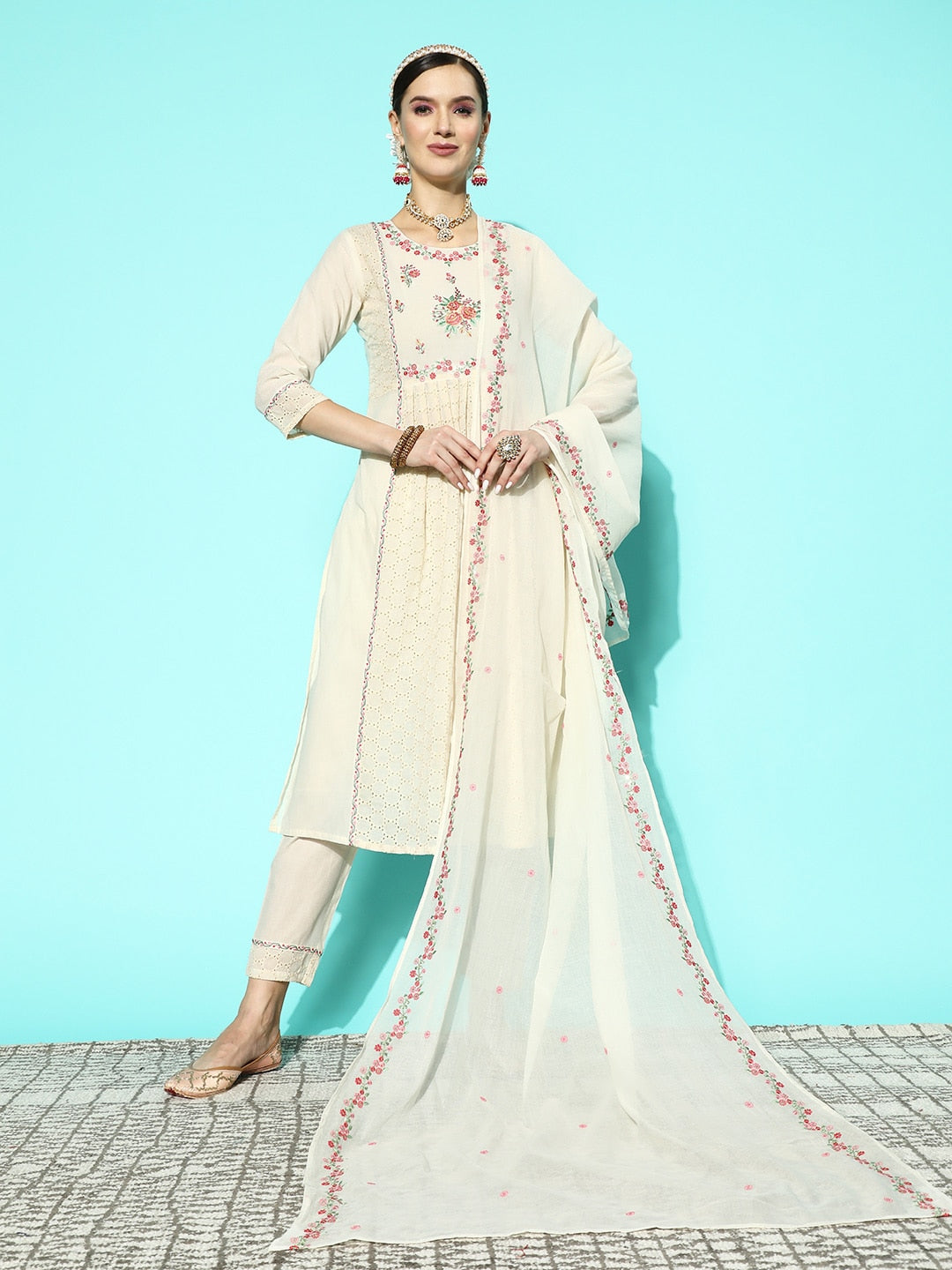 Sangria Women Floral Embroidered Sequinned Pure Cotton Kurta with Trousers & With Dupatta - Distacart