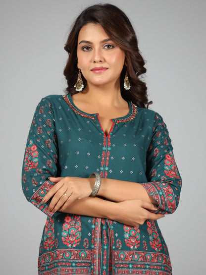 Juniper Women Green Rayon Printed Kurta & Pants Set - Distacart