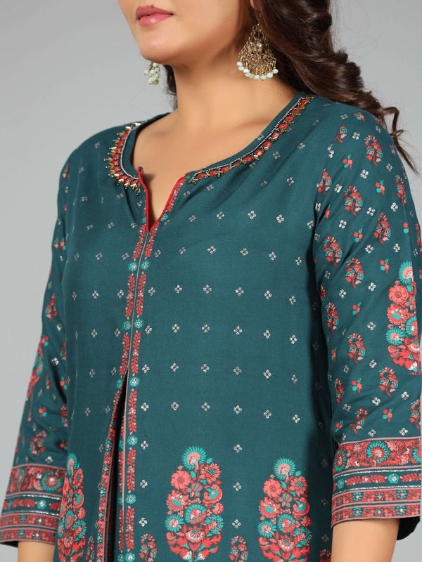 Juniper Women Green Rayon Printed Kurta & Pants Set - Distacart