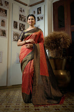 Thumbnail for Vardha Beautiful Carmine Red Golden Zari Kanjeevaram Silk Saree