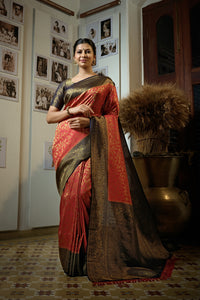 Thumbnail for Vardha Beautiful Carmine Red Golden Zari Kanjeevaram Silk Saree