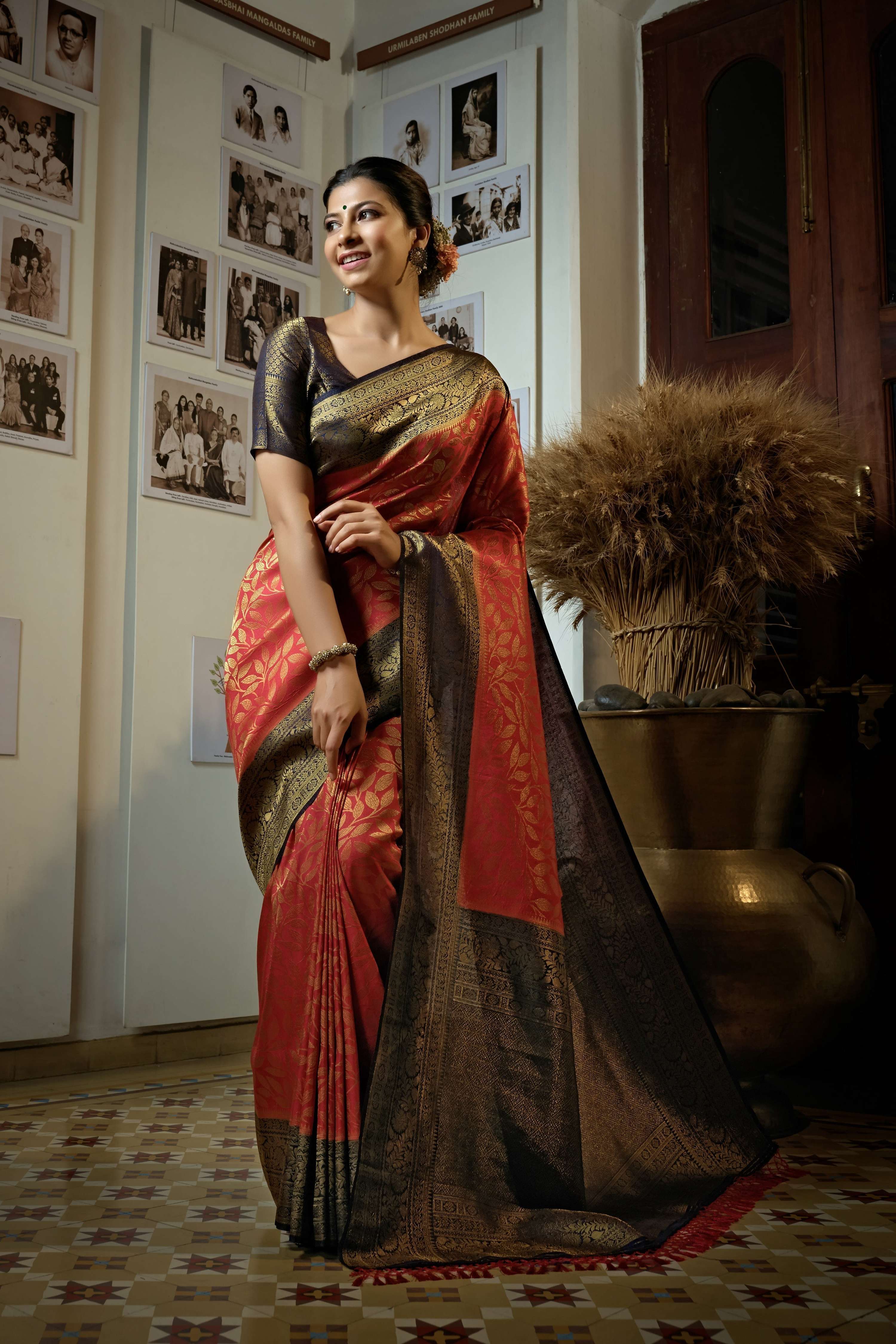 Vardha Beautiful Carmine Red Golden Zari Kanjeevaram Silk Saree