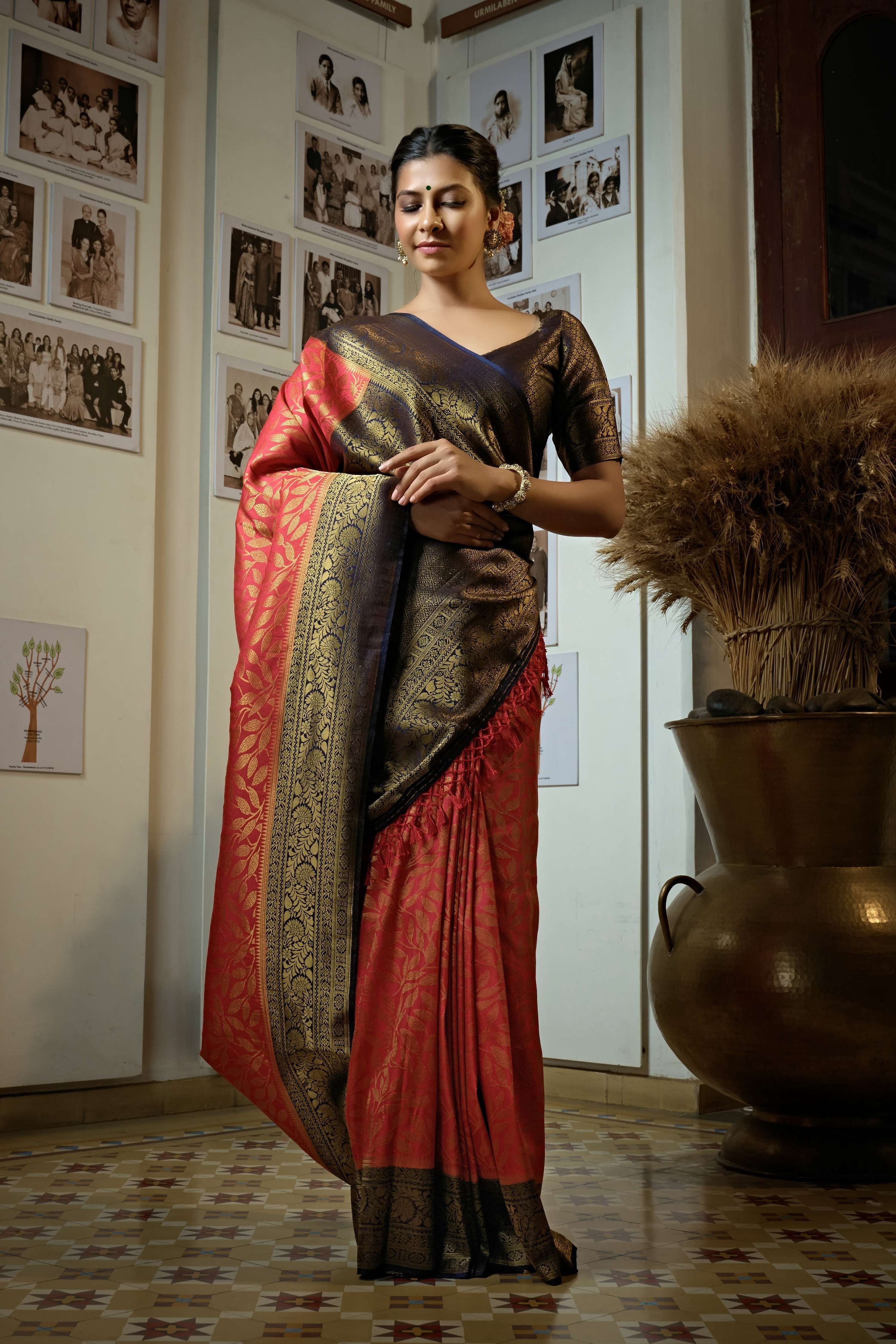 Vardha Beautiful Carmine Red Golden Zari Kanjeevaram Silk Saree